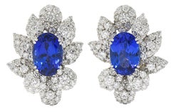 Boucles d'oreilles contemporaines 21.16 CTW Tanzanite Diamant Or blanc 18 carats floral