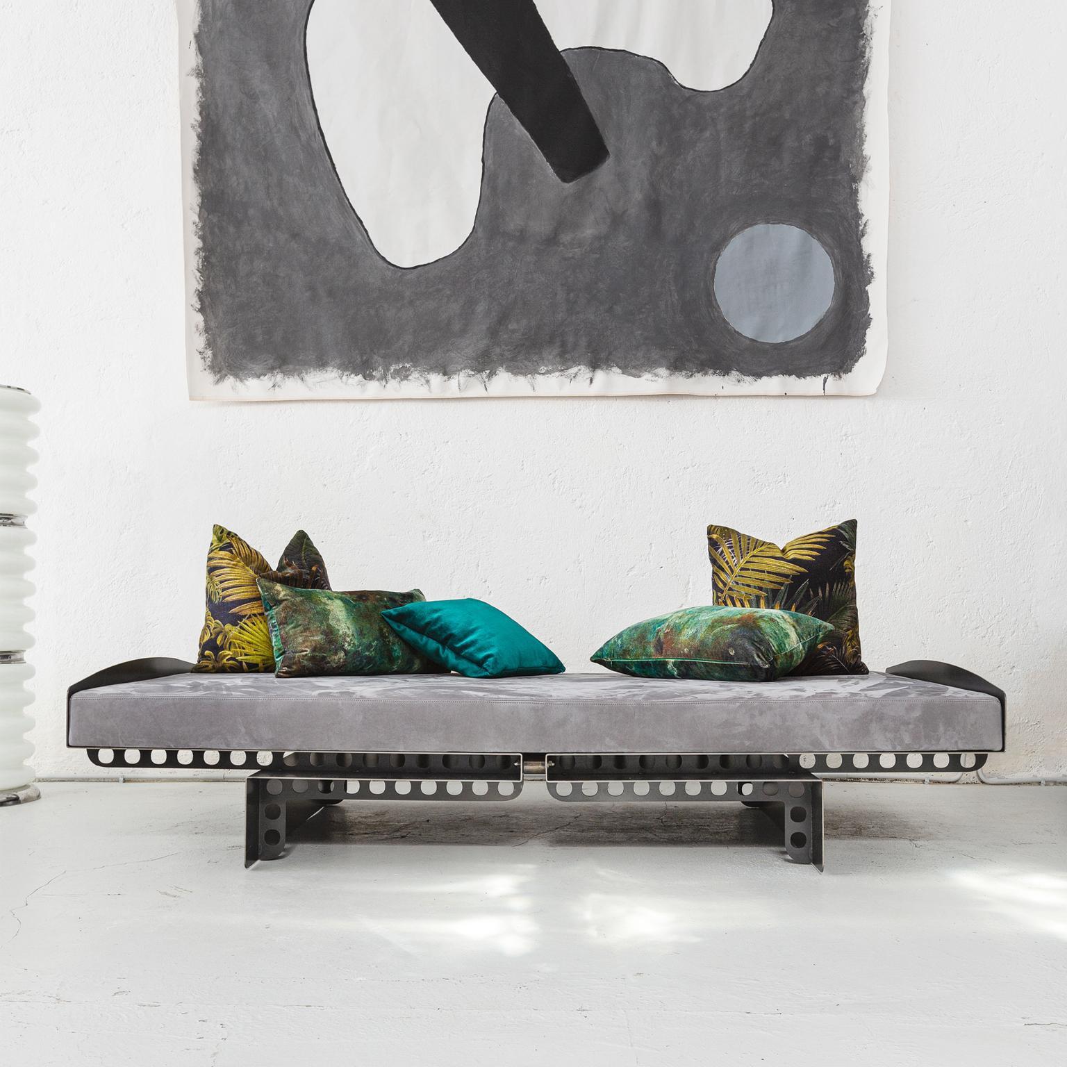 Modern Sculptural Sofa / Day Bed in Burnt Metal and Leather, Jean Prouvé Style For Sale