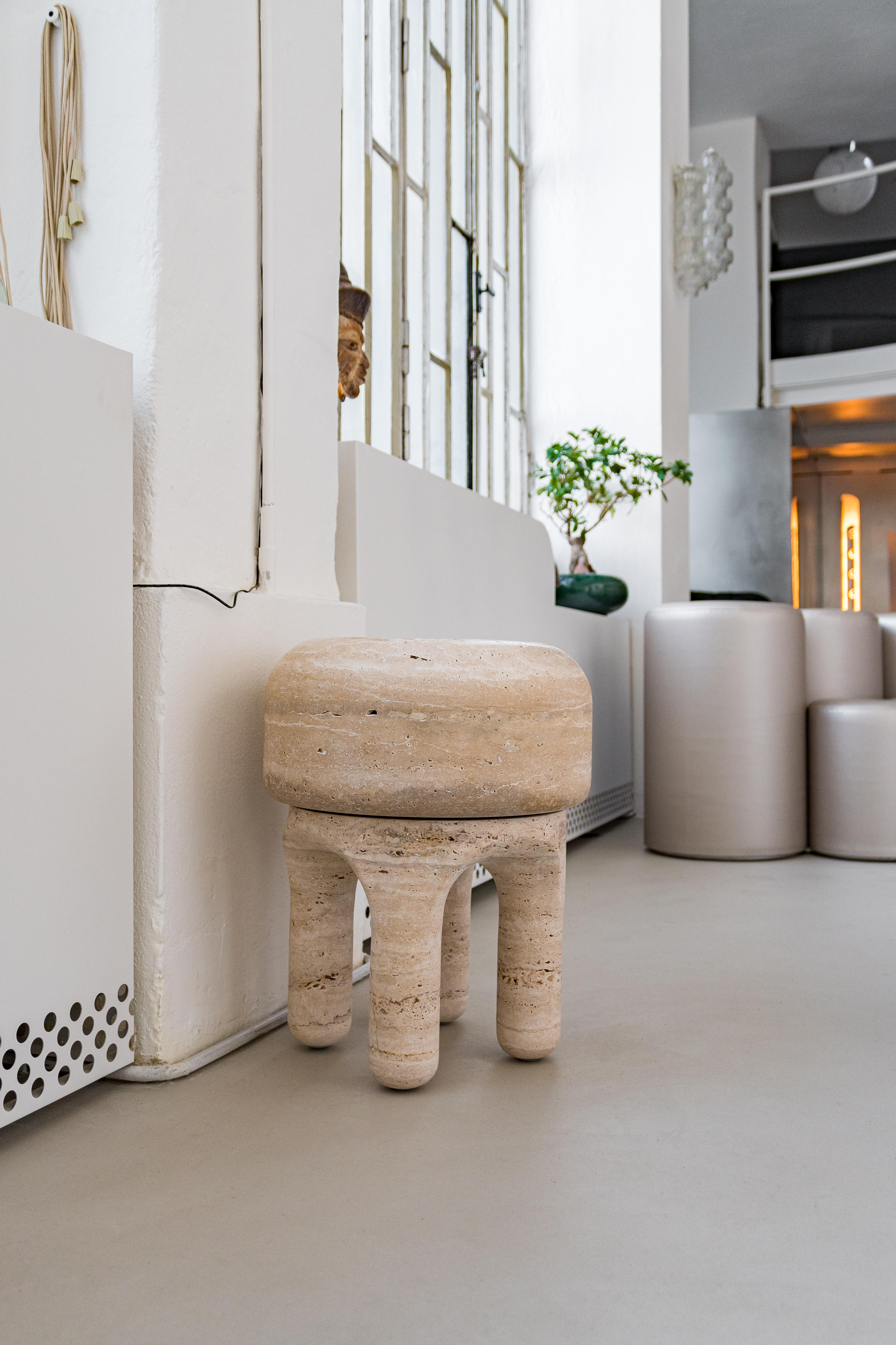 Italian Organic Modern Stool Table Sculpture in Travertine - Urban Wabi Style For Sale