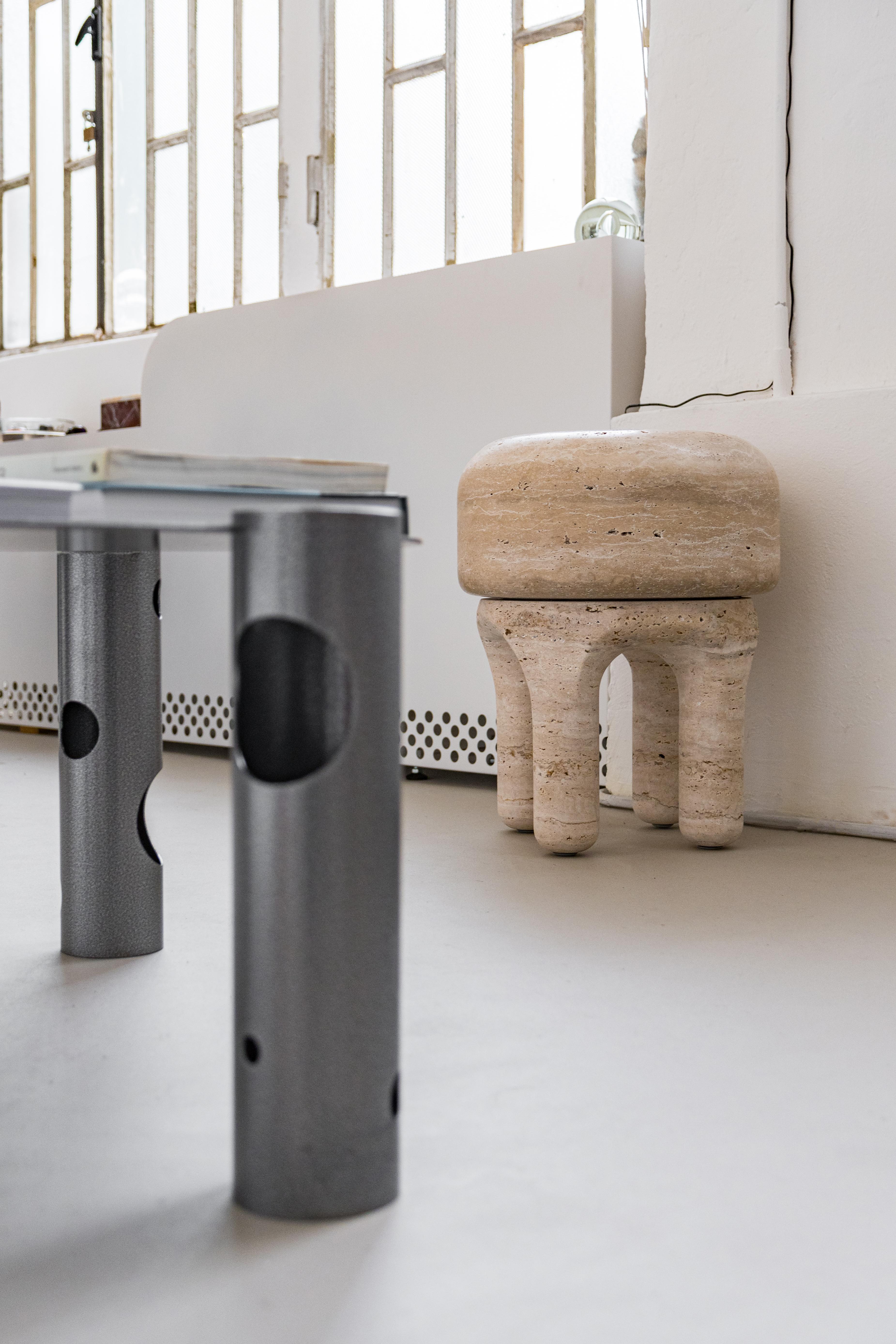 Contemporary Organic Modern Stool Table Sculpture in Travertine - Urban Wabi Style For Sale