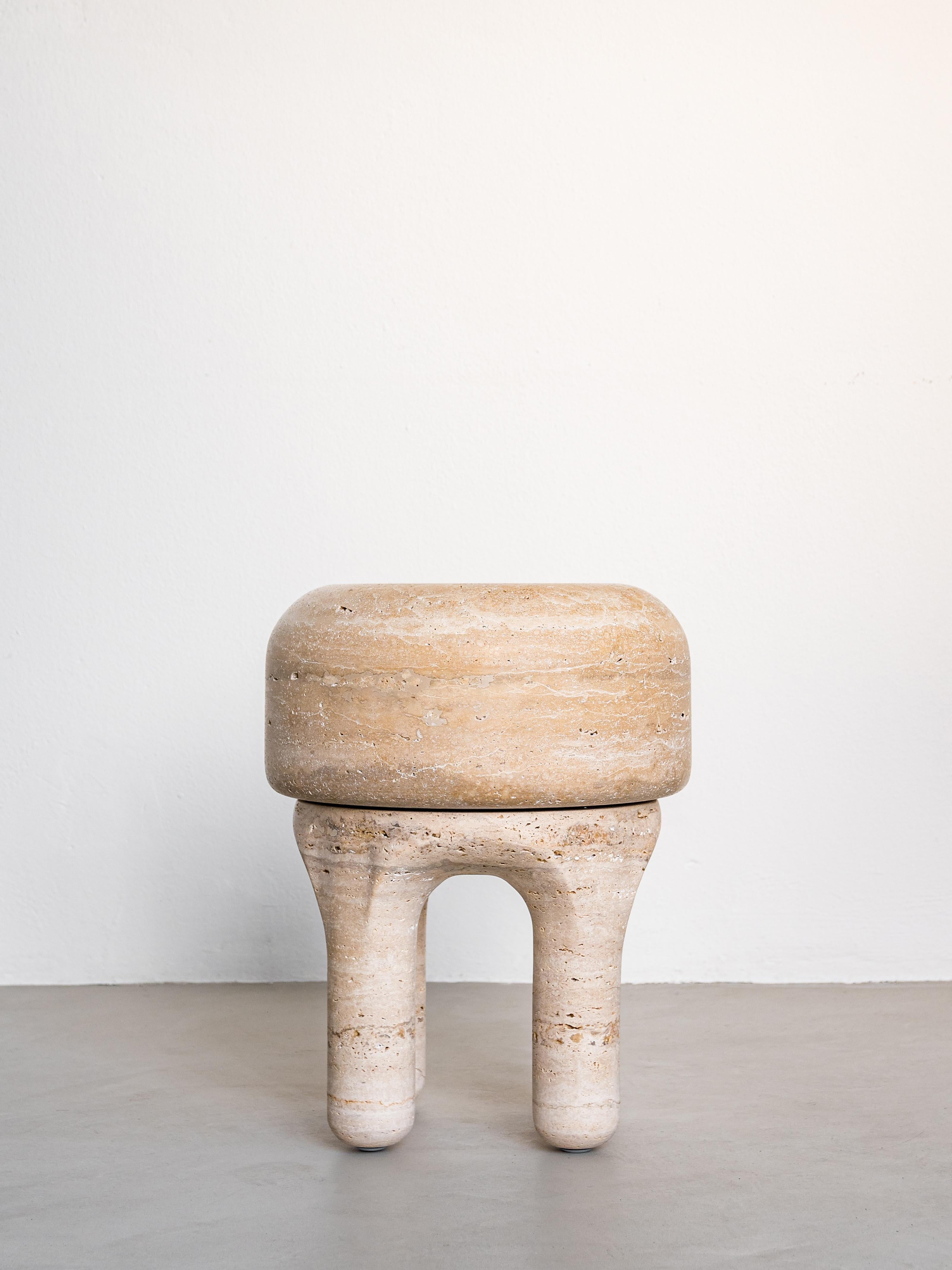 Marble Organic Modern Stool Table Sculpture in Travertine - Urban Wabi Style For Sale