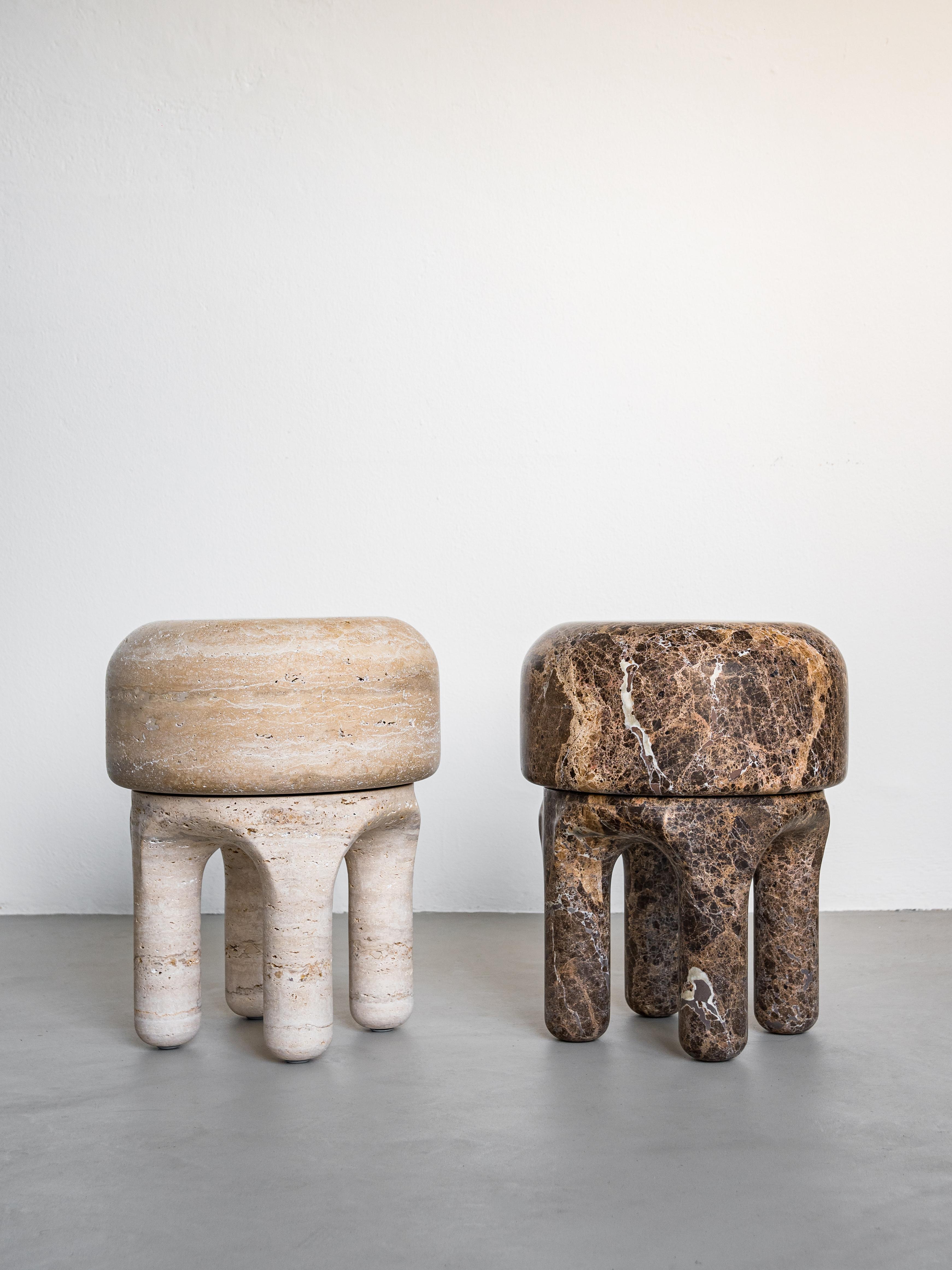 Organic Modern Stool Table Sculpture in Travertine - Urban Wabi Style For Sale 1