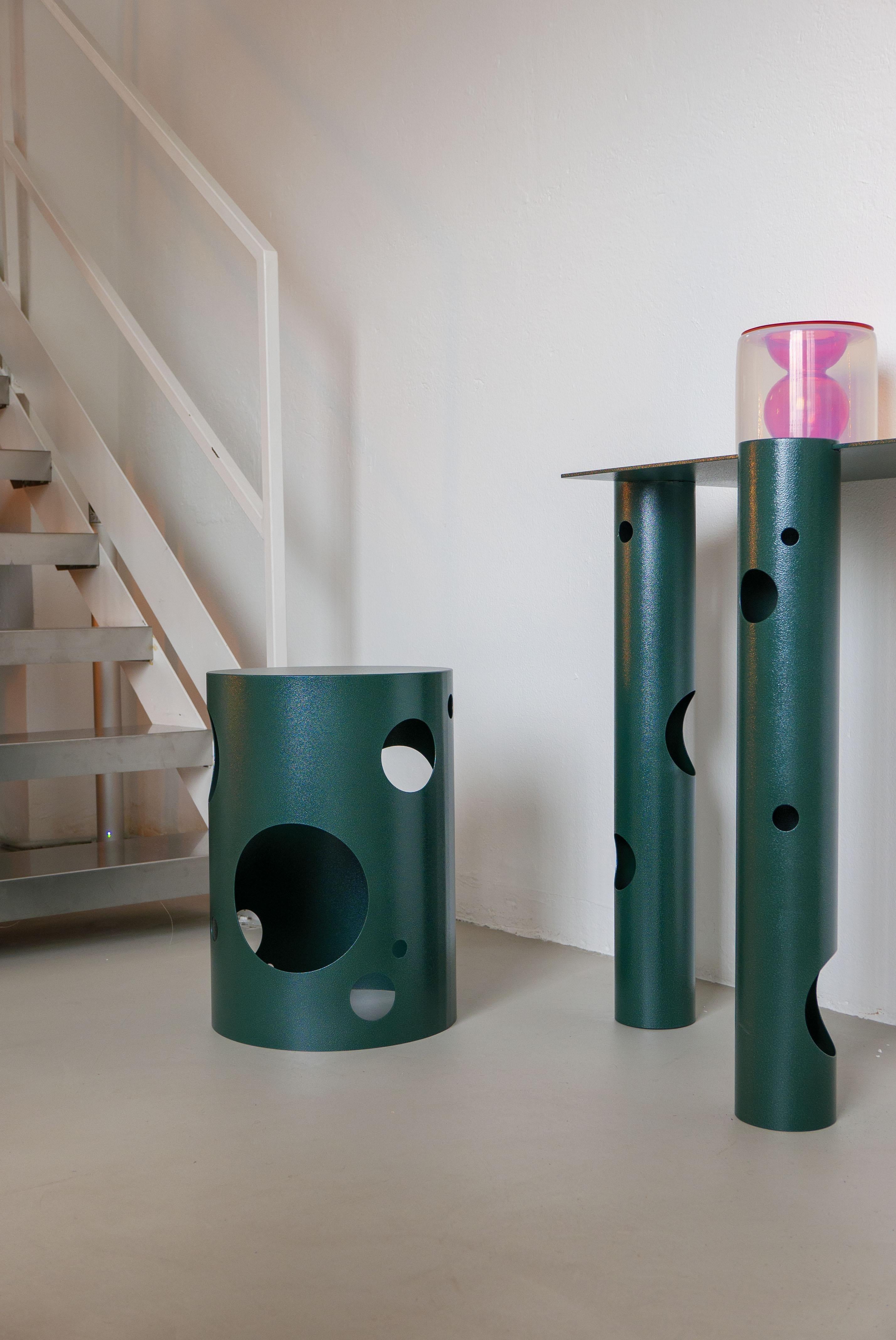 Italian Contemporary 21st Century Spinzi Silös Metal Stool, Side Table, Dark Green For Sale