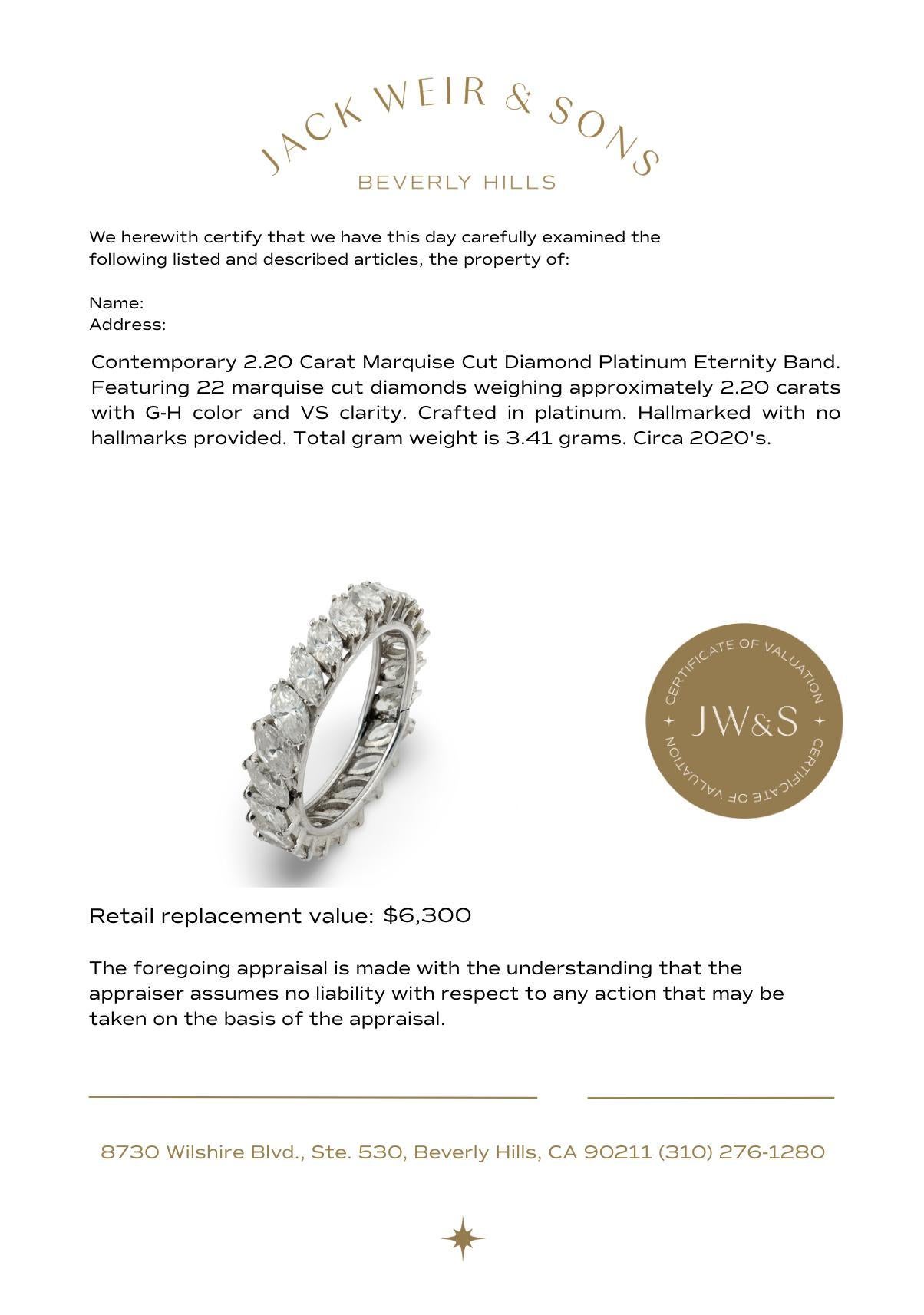 Zeitgenössischer 2,20-Karat-Diamant im Marquiseschliff, Platin, Ewigkeitsring im Angebot 2