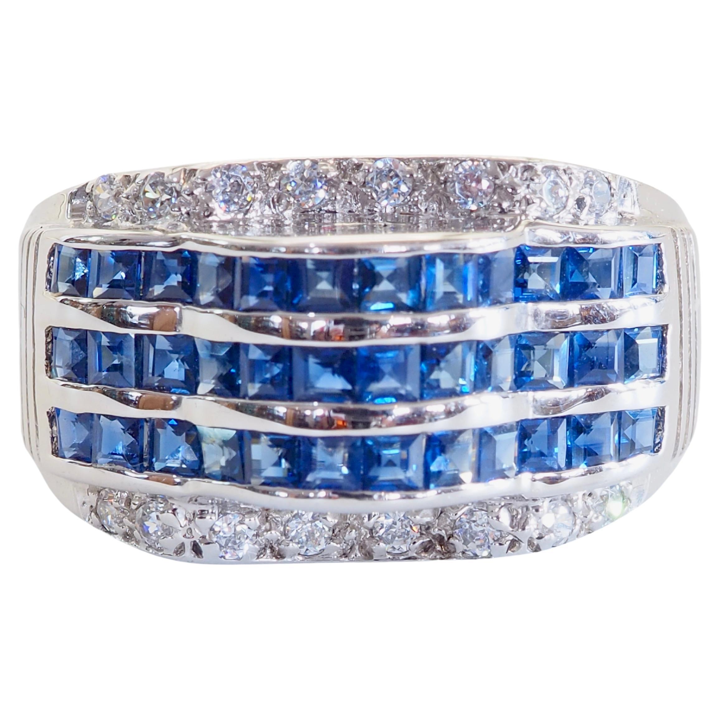 Contemporary 2.20ct Square Blue Sapphire & Quartz Sterling Silver Wide Band Ring