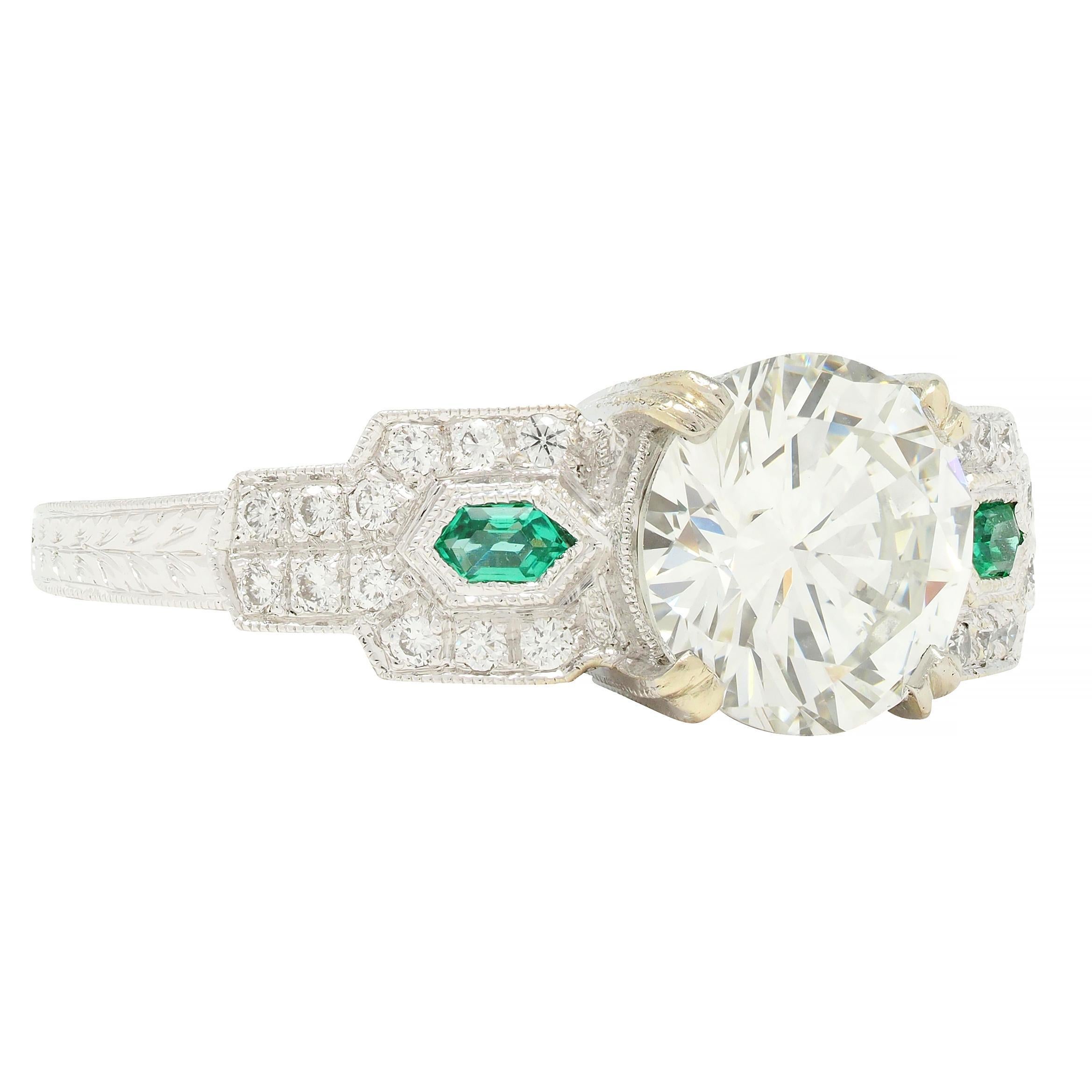 Art Deco Contemporary 2.21 CTW Diamond Emerald 18 Karat White Gold Engagement Ring GIA For Sale