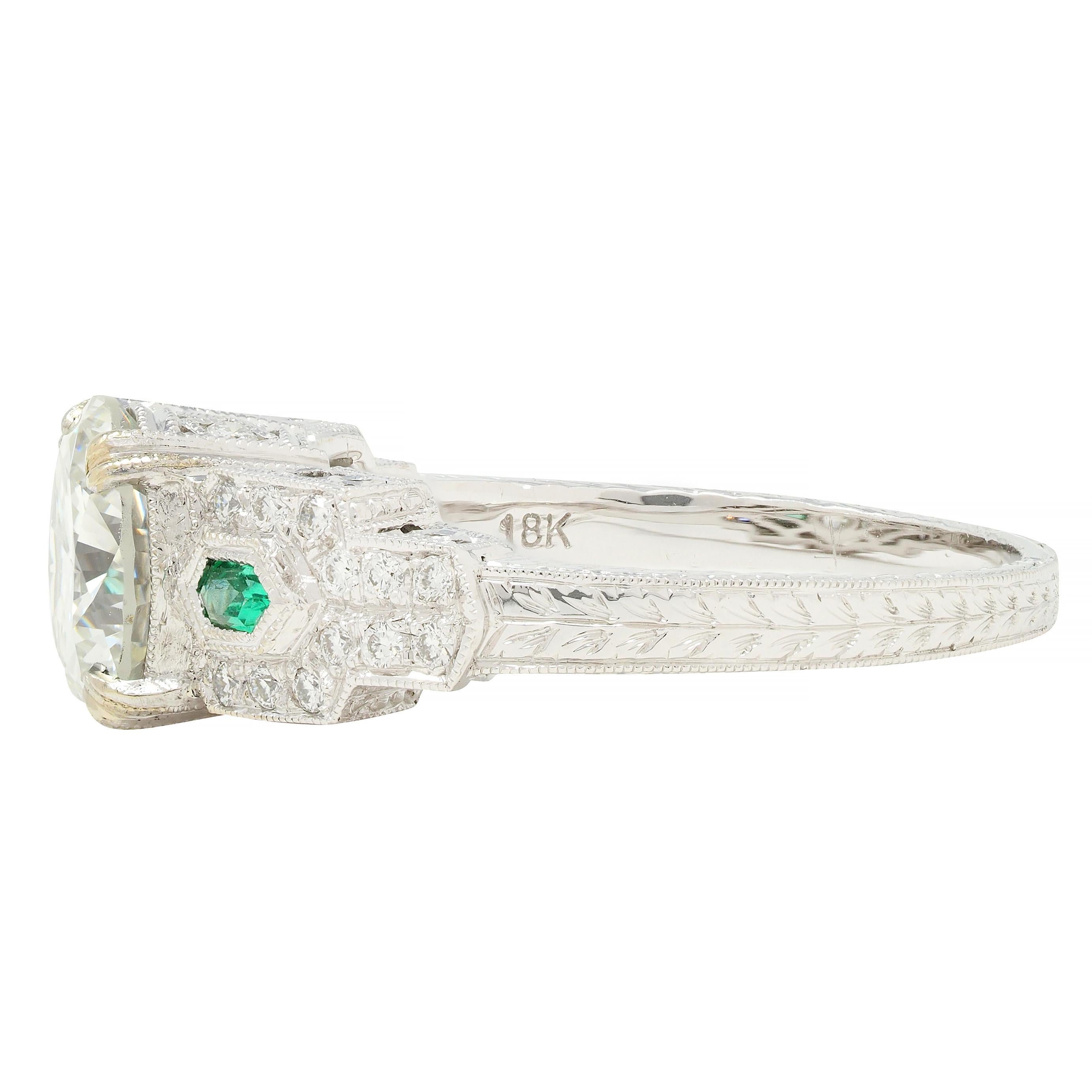 Women's or Men's Contemporary 2.21 CTW Diamond Emerald 18 Karat White Gold Engagement Ring GIA For Sale