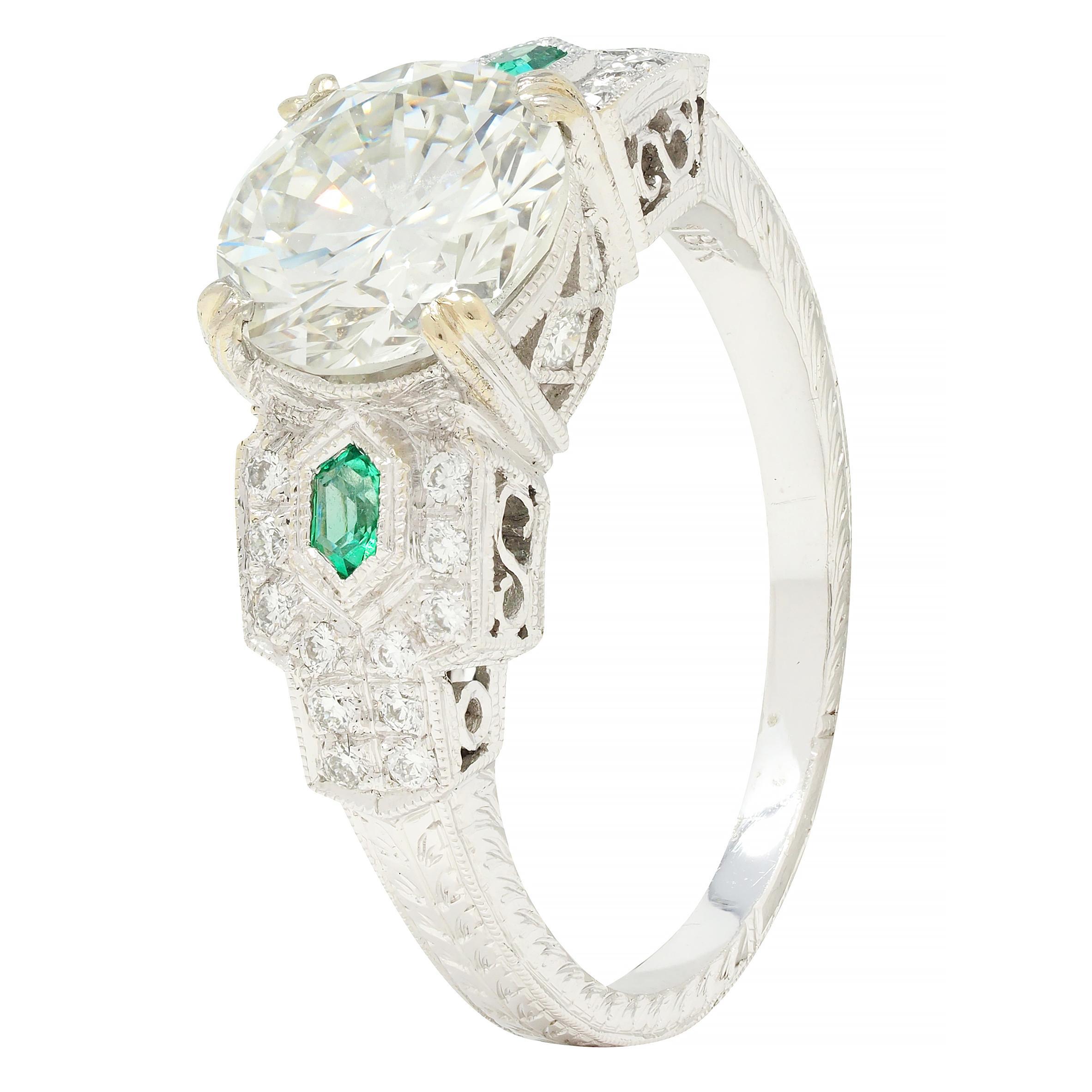 Contemporary 2.21 CTW Diamond Emerald 18 Karat White Gold Engagement Ring GIA For Sale 3