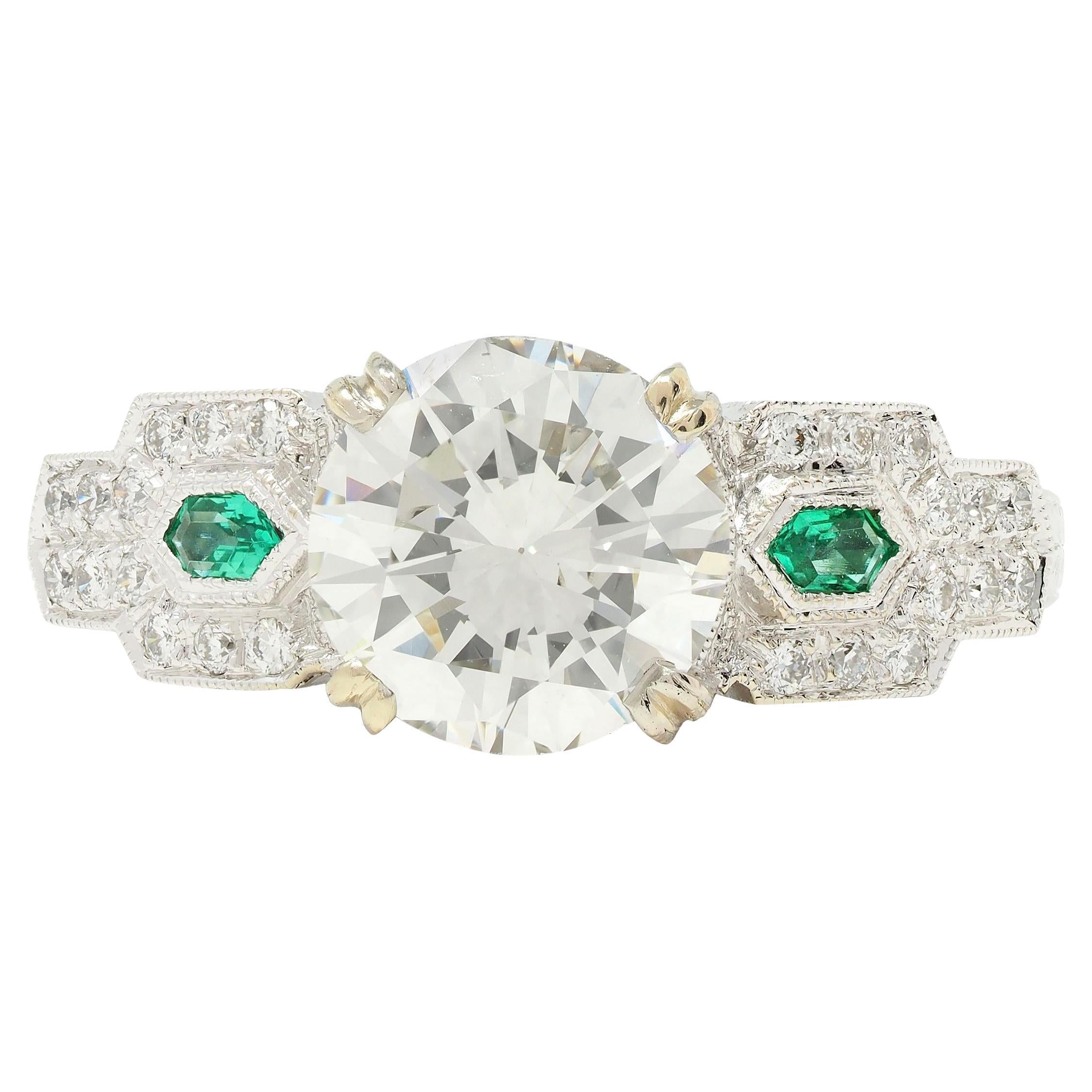 Contemporary 2.21 CTW Diamond Emerald 18 Karat White Gold Engagement Ring GIA For Sale