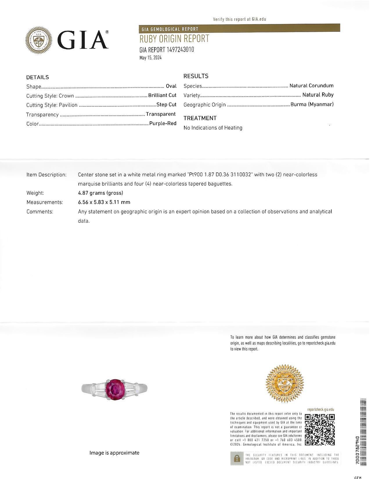 Contemporary 2.23 CTW No Heat Burma Ruby Diamond Platinum Ring GIA For Sale 10