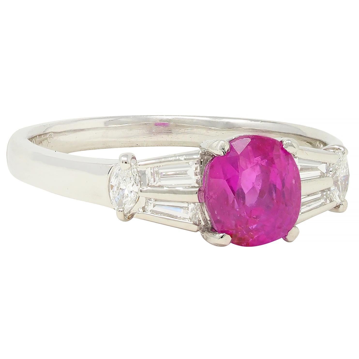 Baguette Cut Contemporary 2.23 CTW No Heat Burma Ruby Diamond Platinum Ring GIA For Sale