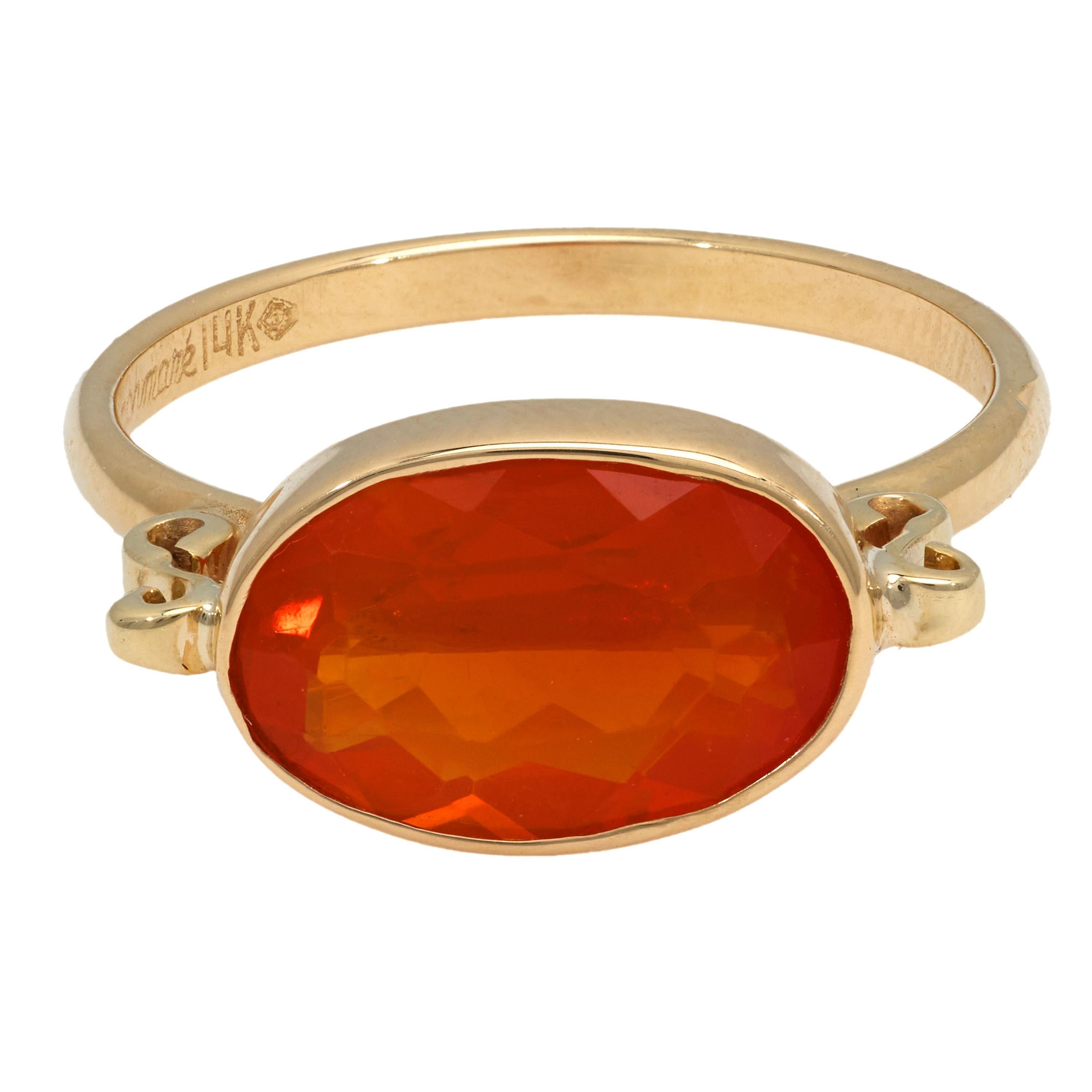 Oval Cut Contemporary 2.30 carat fire opal 14k yellow gold bezel ring For Sale