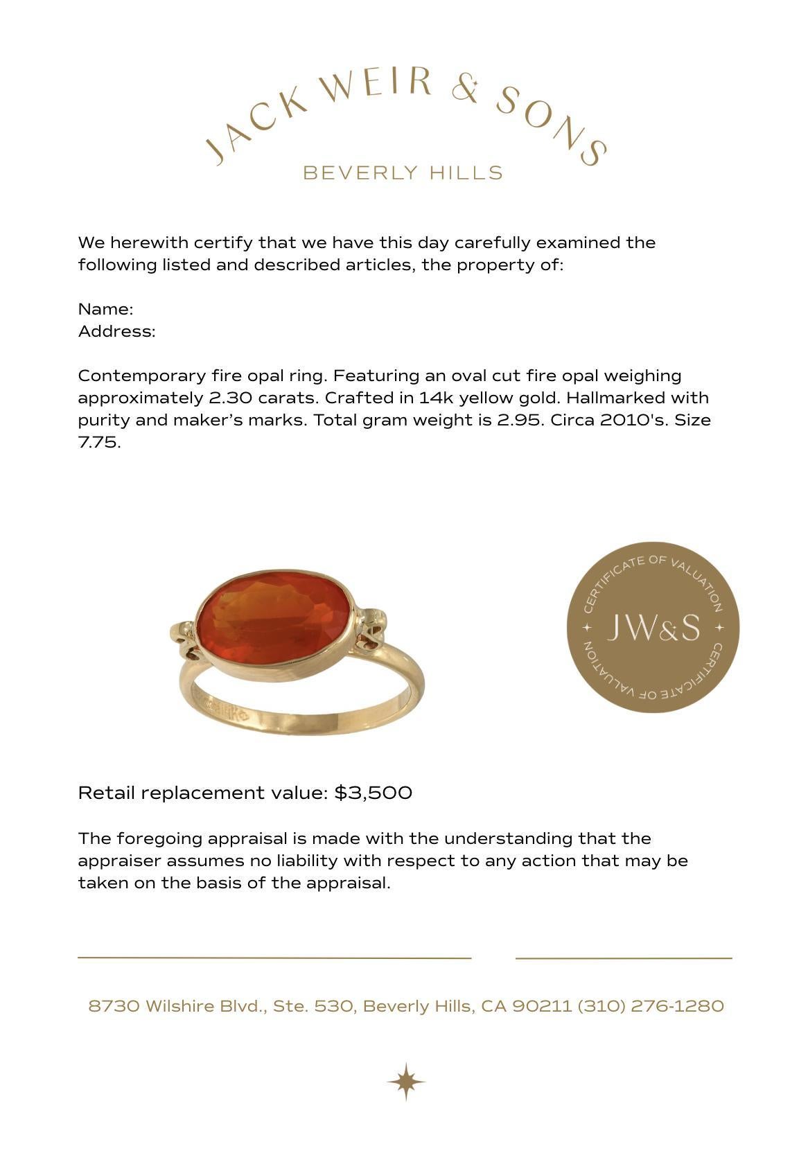 Contemporary 2.30 carat fire opal 14k yellow gold bezel ring For Sale 1