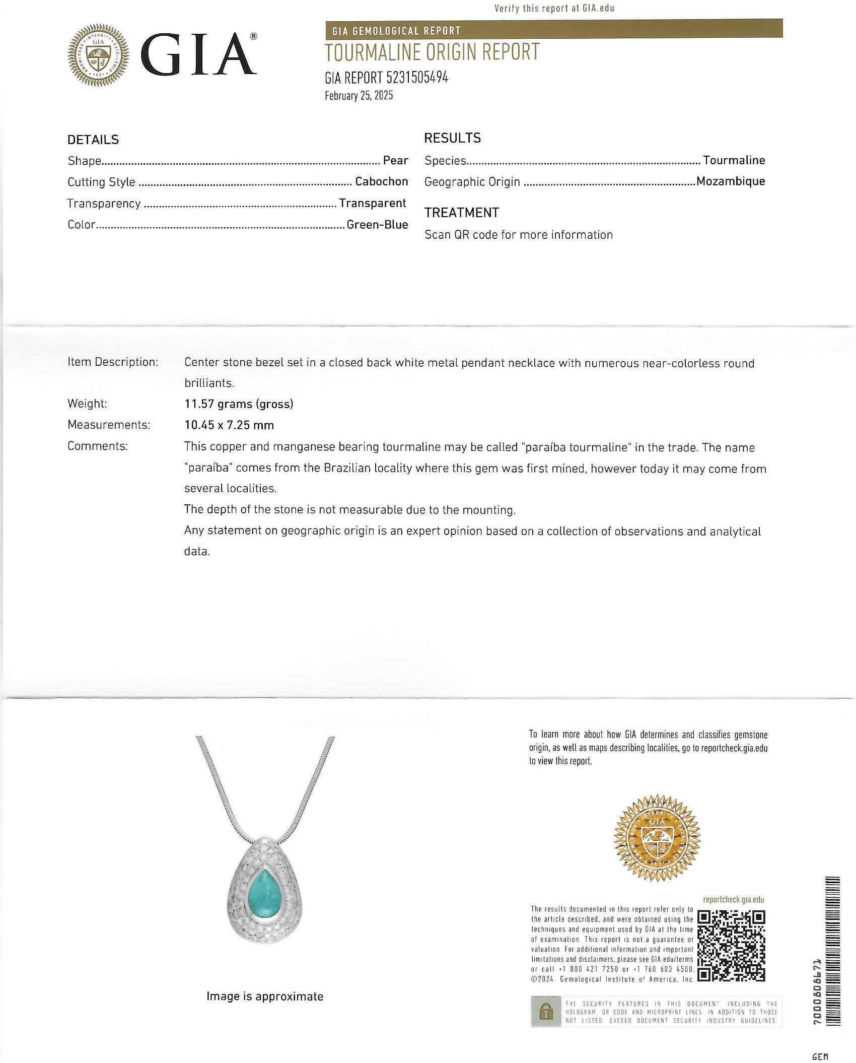Contemporary 2.30 CTW Paraiba Tourmaline Diamond 18K Gold Pendant Necklace GIA For Sale 5