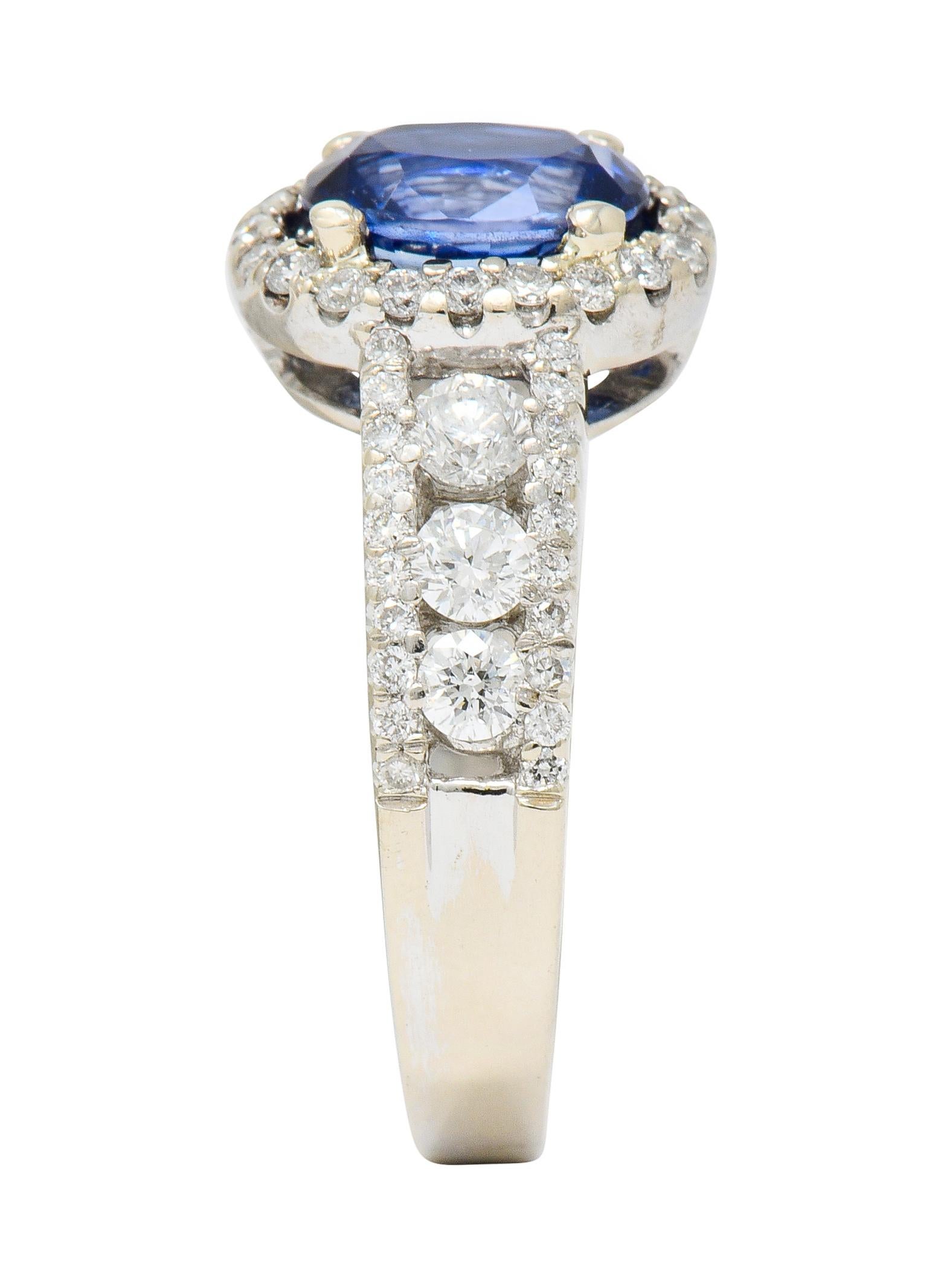 Contemporary 2.31 Carat Sapphire Diamond 18 Karat White Gold Halo Ring 4
