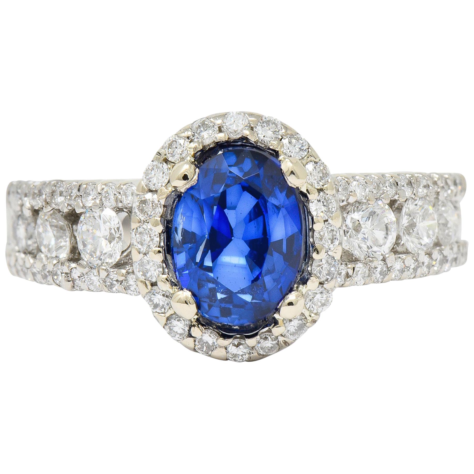 Contemporary 2.31 Carat Sapphire Diamond 18 Karat White Gold Halo Ring