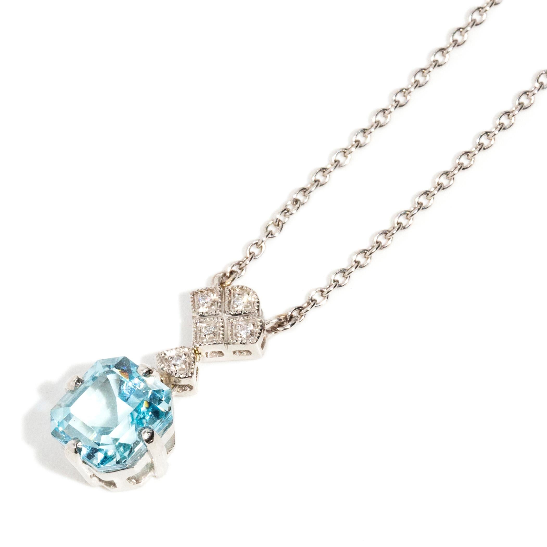 Emerald Cut Contemporary 2.32 Carat Bright Light Blue Aquamarine & Diamond Platinum Necklace For Sale