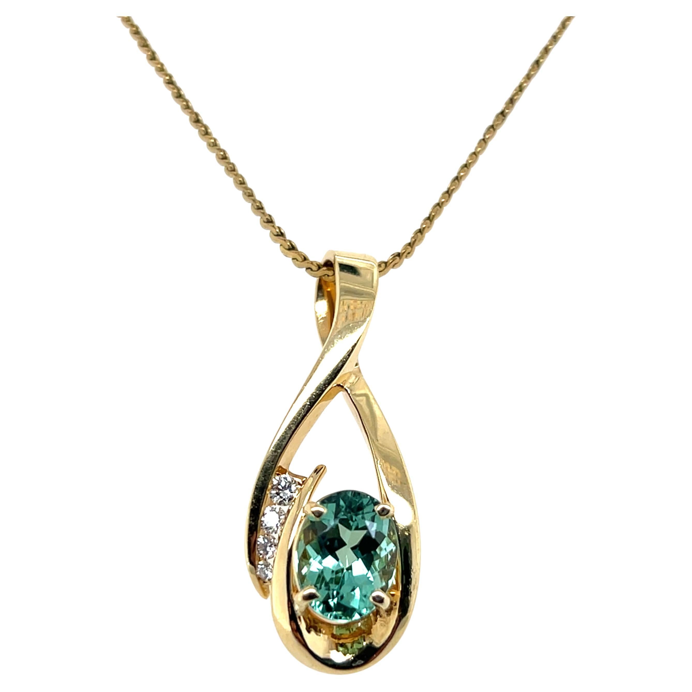 Pendentif contemporain en or jaune 14k et diamant en tourmaline verte de 2,33 carats