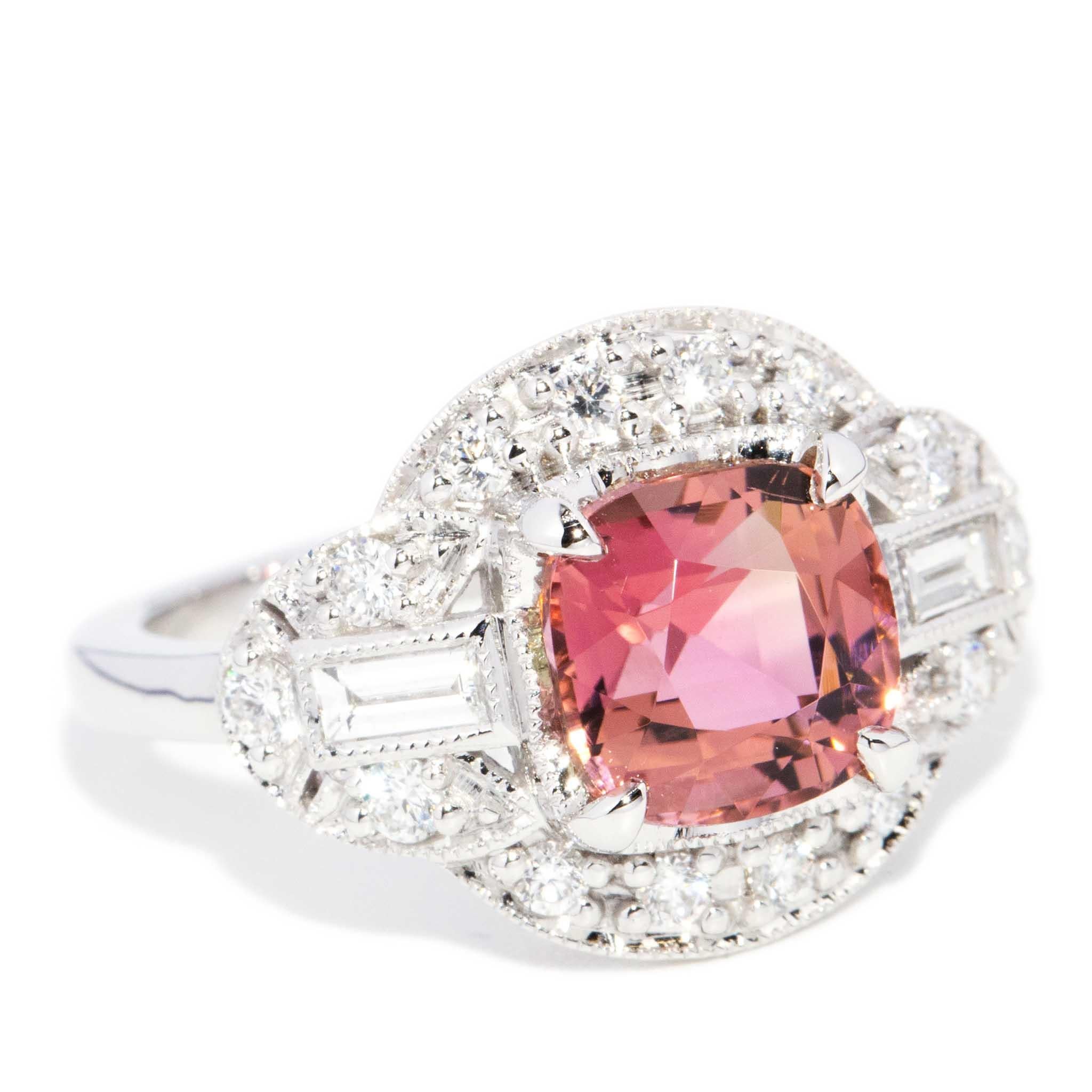 Cushion Cut Contemporary 2.35 Carat Pink Tourmaline & Diamond Ring 18 Carat White Gold For Sale