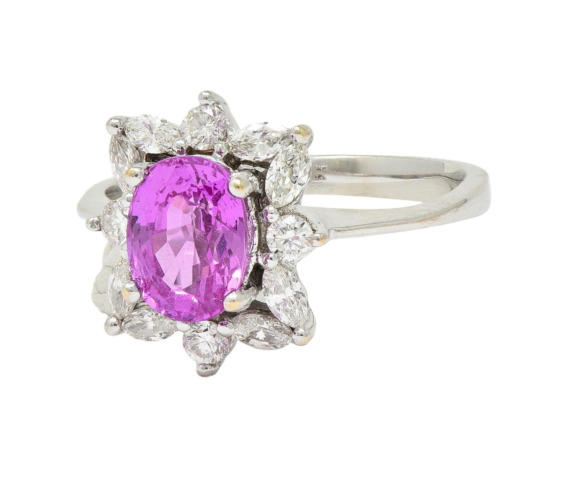Contemporary 2.35 CTW No Heat Pink Sapphire Diamond Platinum Halo Ring GIA For Sale 1