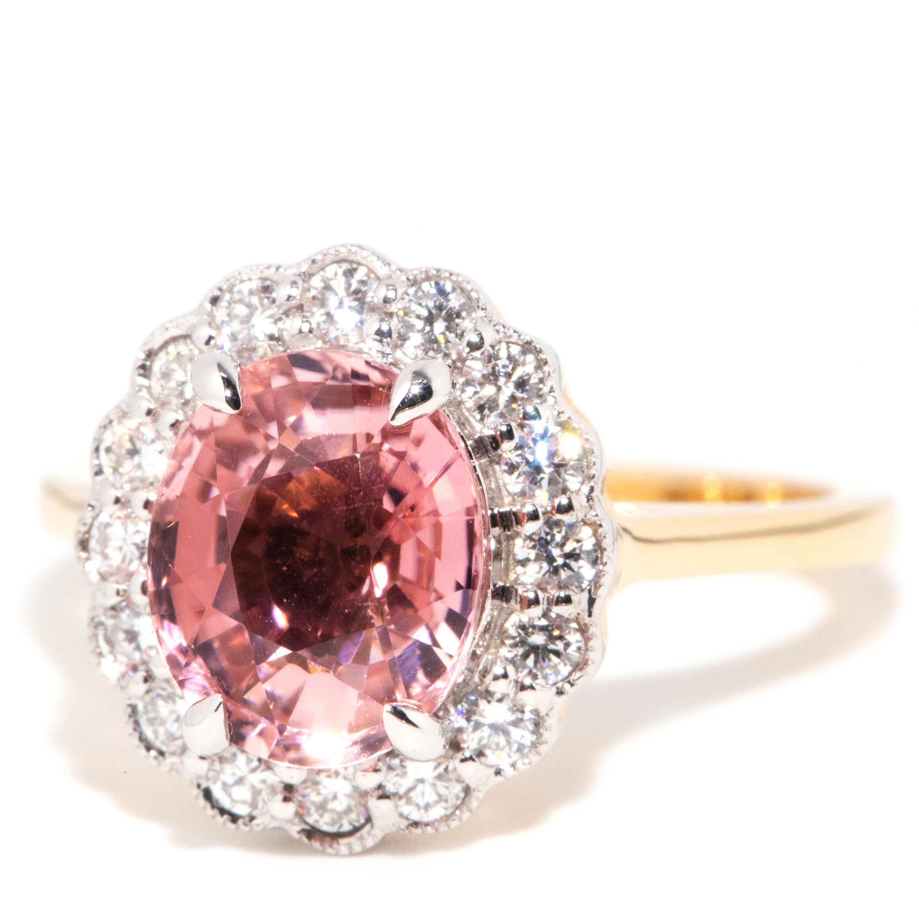 Contemporary 2.41 Carat Oval Peachy Pink Tourmaline & Diamond 18 Carat Gold Ring In New Condition In Hamilton, AU