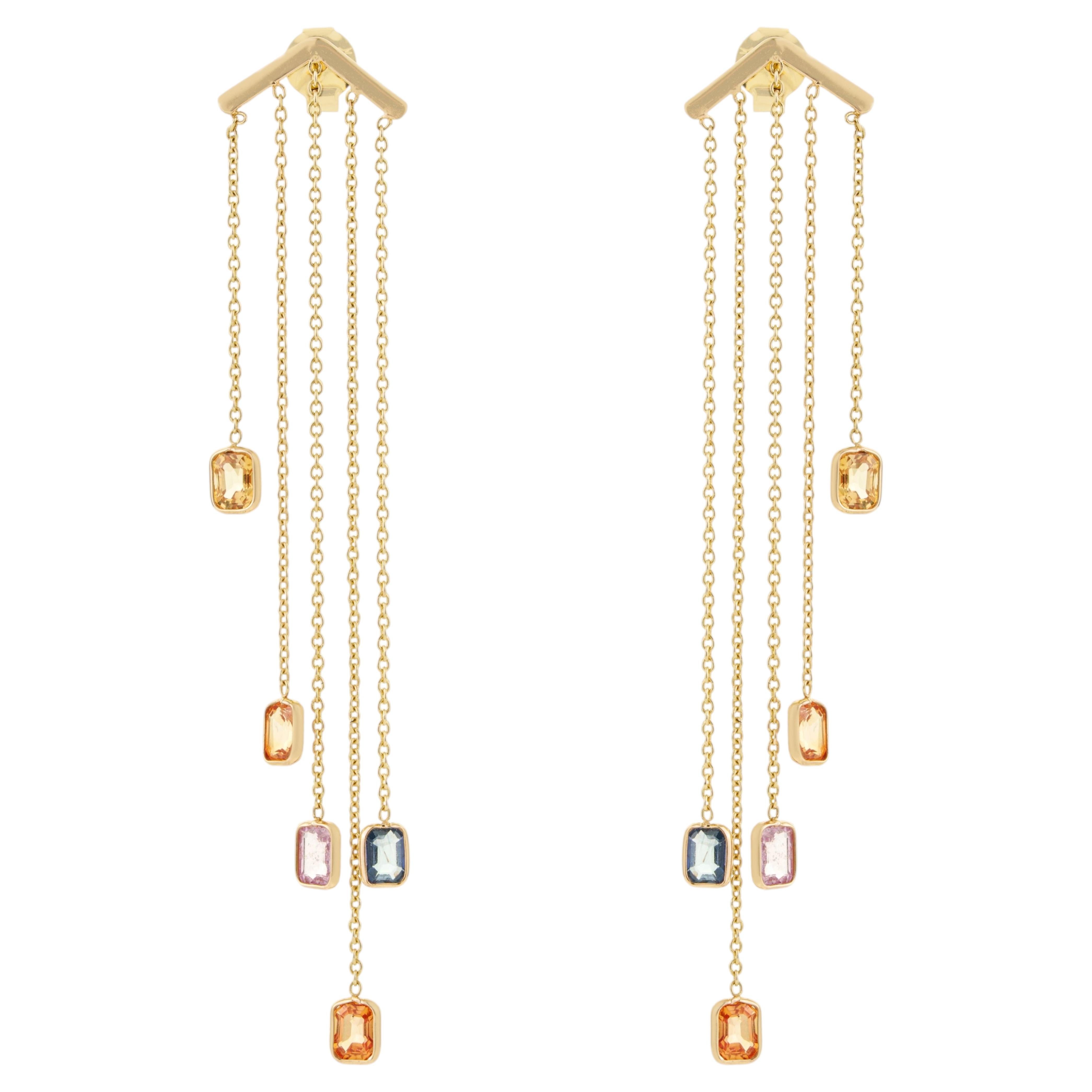 Contemporary 2.43ct Multi Sapphire Long Chain Drop Earrings in 14K Yellow Gold