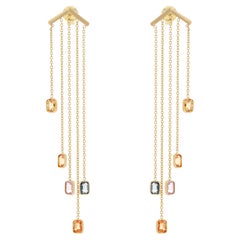 Contemporary 2.43ct Multi Sapphire Long Chain Drop Earrings in 14K Yellow Gold