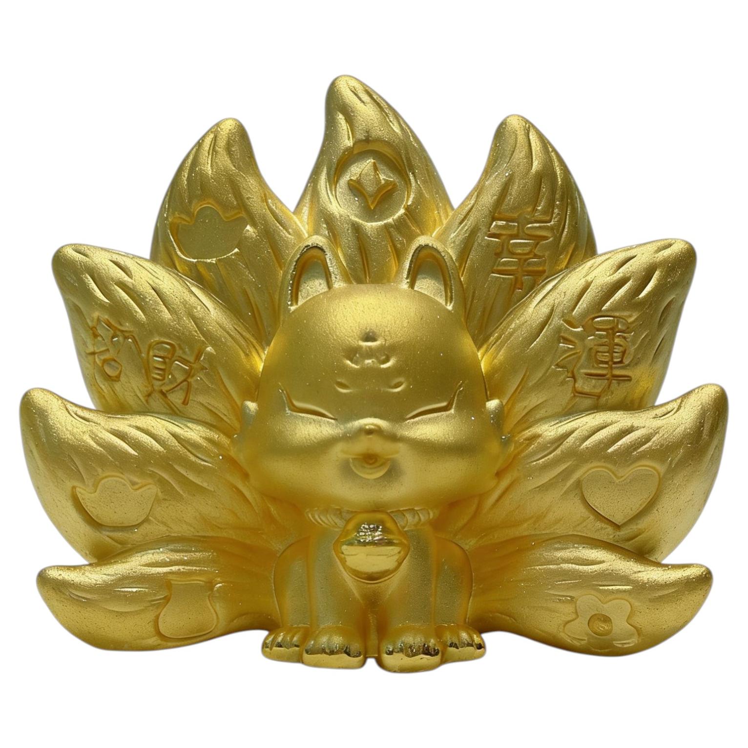 Contemporary 24K Yellow 999 Gold Chinese mythological Nine-Tailed Fox Figurine