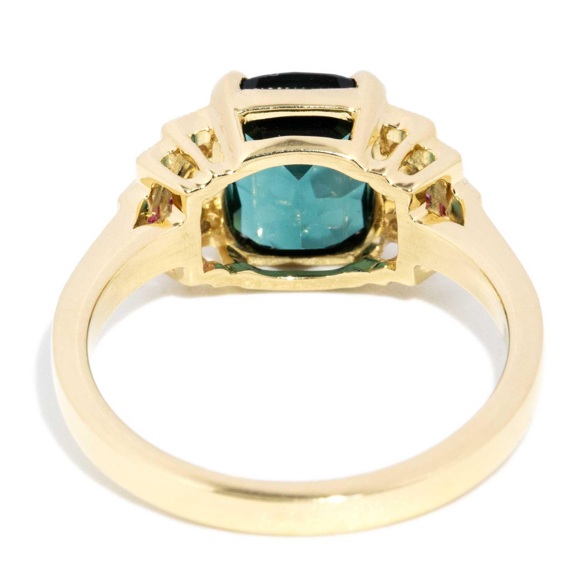 Contemporary 2.50ct Indicolite Tourmaline Ruby & Diamond Ring 18ct Yellow Gold For Sale 6