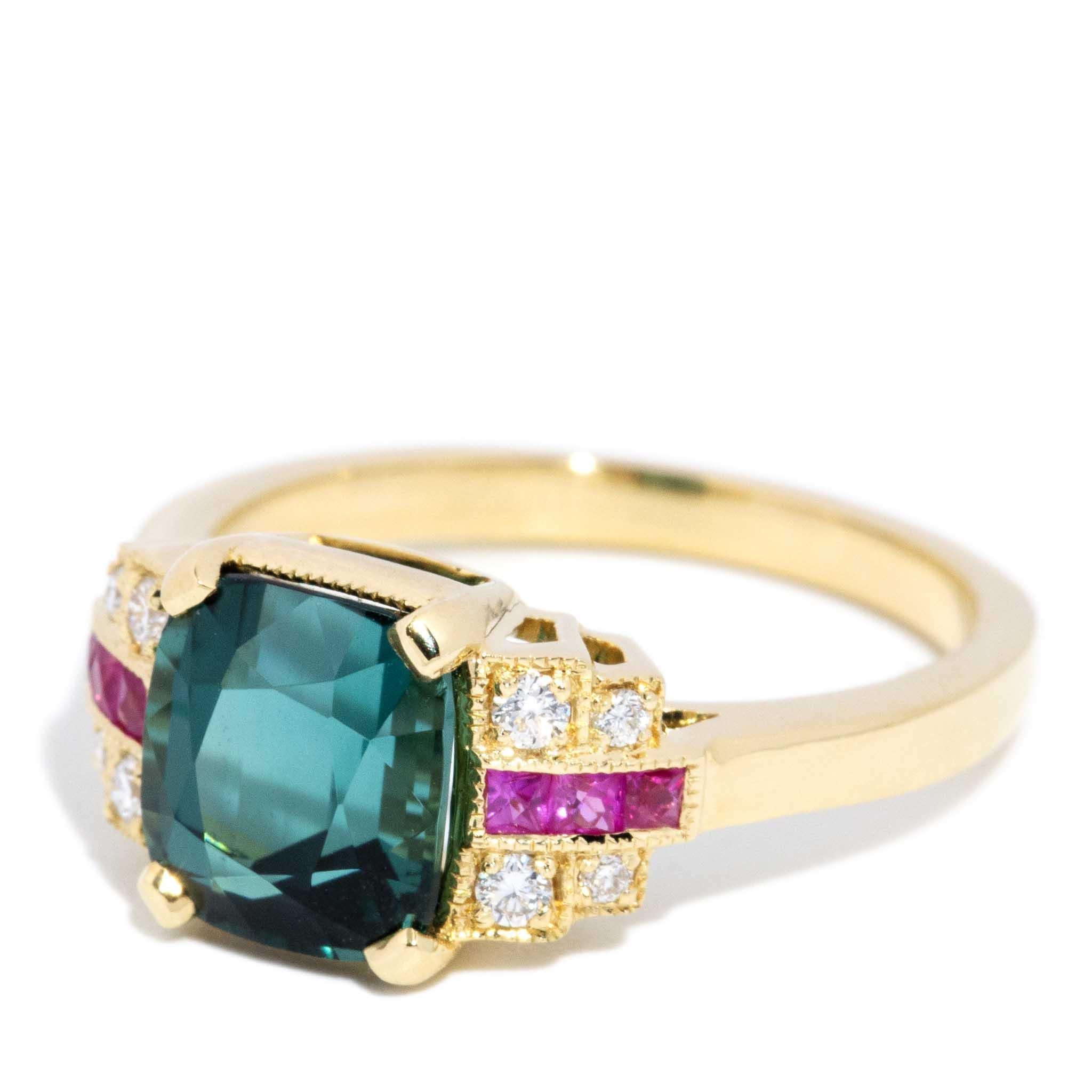 Contemporary 2.50ct Indicolite Tourmaline Ruby & Diamond Ring 18ct Yellow Gold In New Condition For Sale In Hamilton, AU