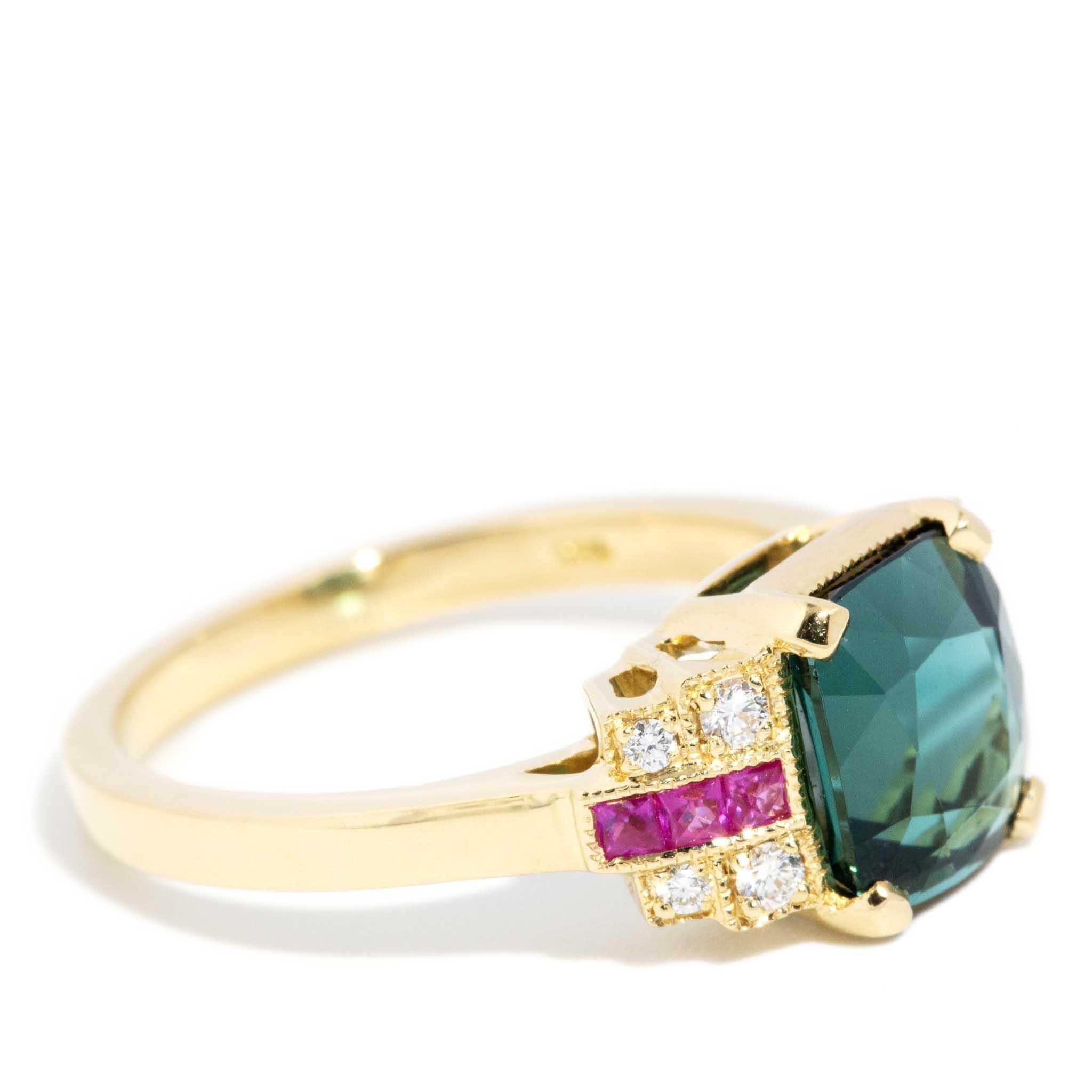 Contemporary 2.50ct Indicolite Tourmaline Ruby & Diamond Ring 18ct Yellow Gold For Sale 1