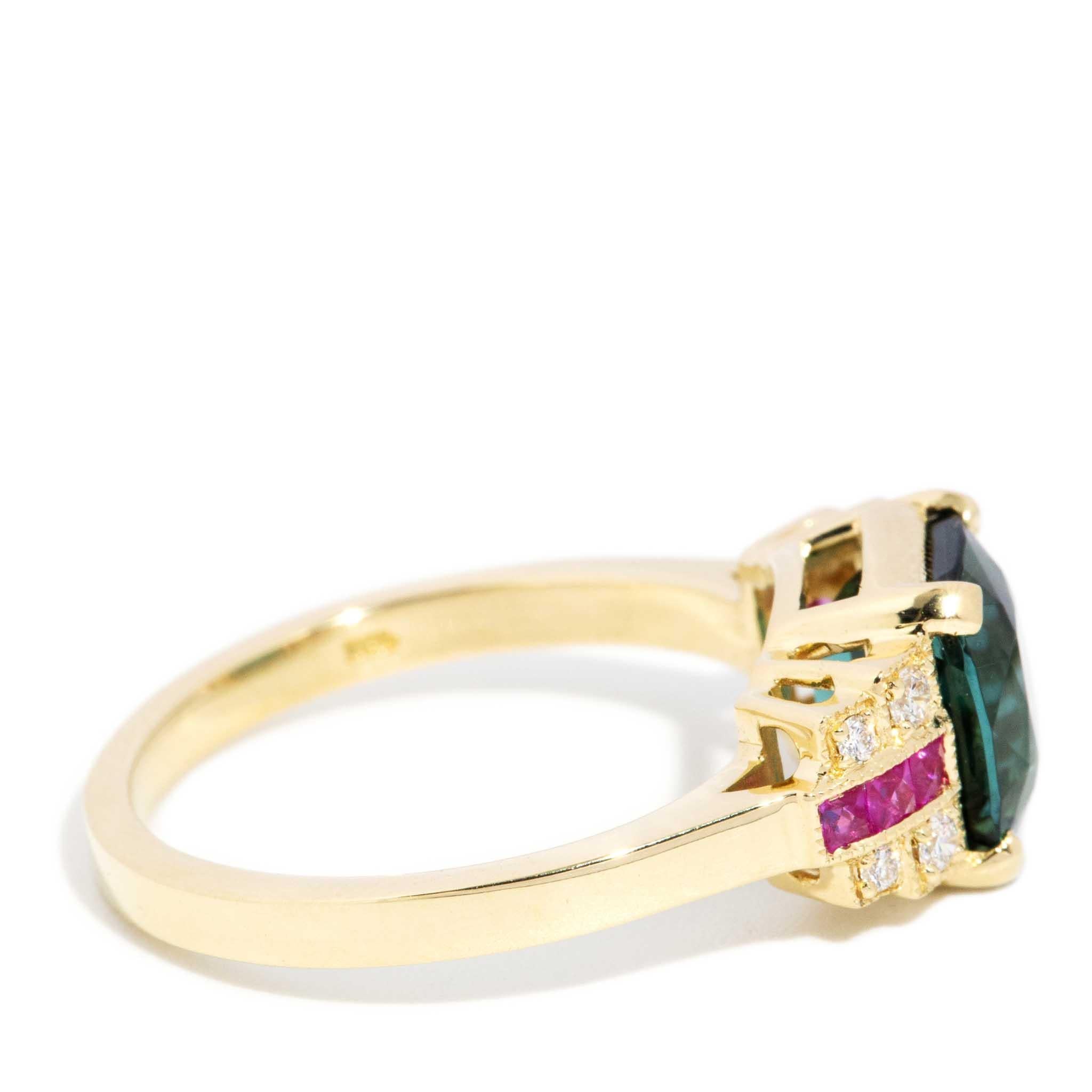 Contemporary 2.50ct Indicolite Tourmaline Ruby & Diamond Ring 18ct Yellow Gold For Sale 3