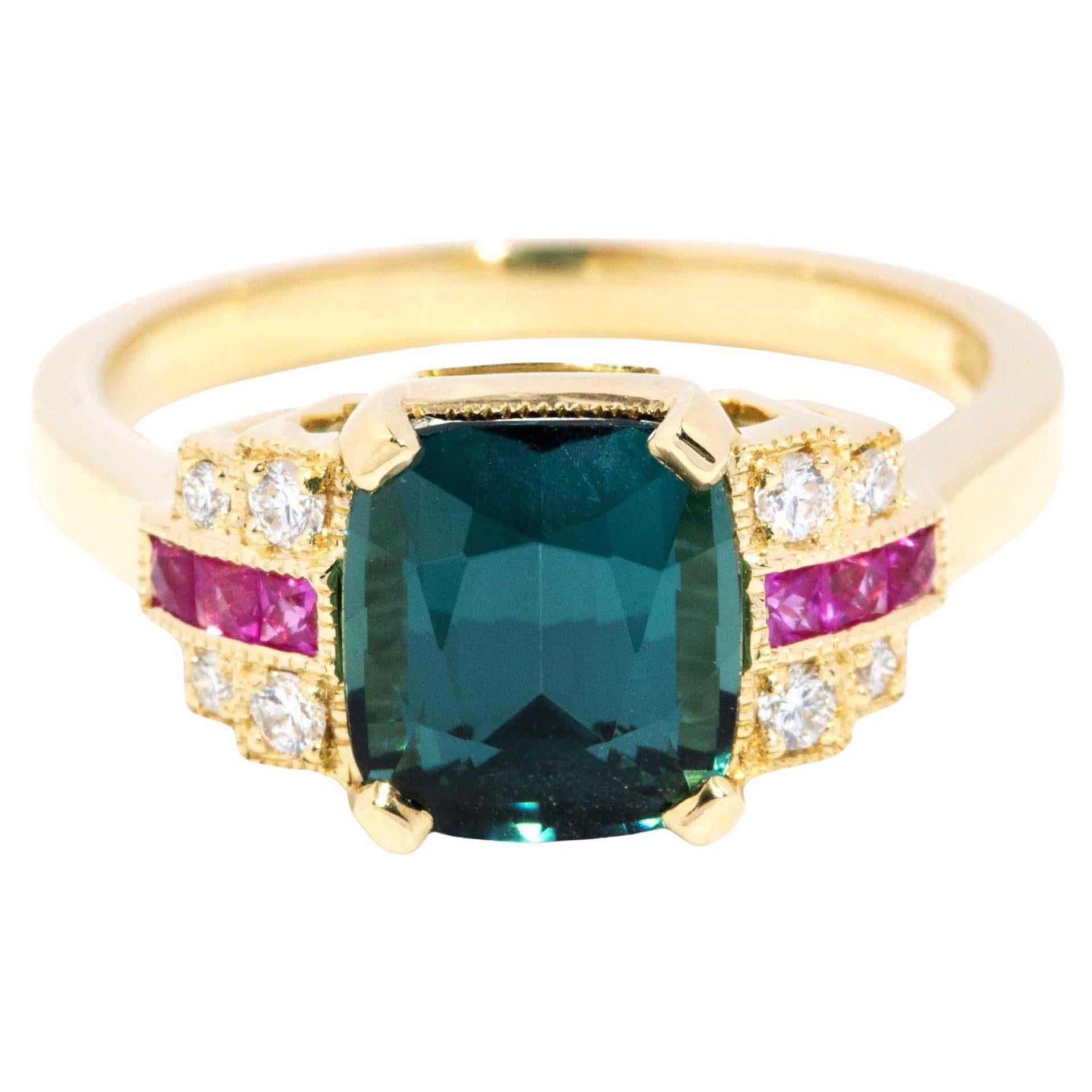 Contemporary 2.50ct Indicolite Tourmaline Ruby & Diamond Ring 18ct Yellow Gold For Sale