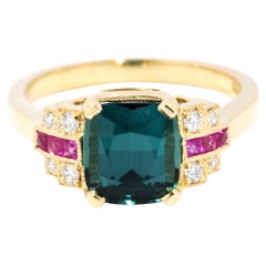 Contemporary 2.50ct Indicolite Tourmaline Ruby & Diamond Ring 18ct Yellow Gold