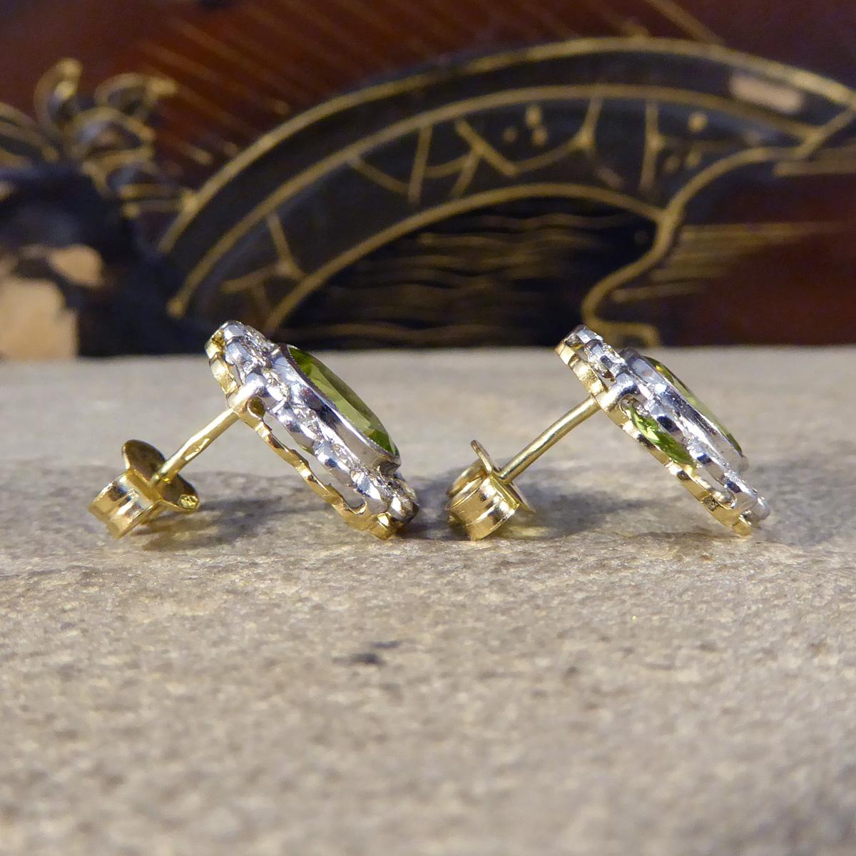 Edwardian Contemporary 2.50 Carat Peridot and Diamond Cluster Earrings in 18 Carat Gold For Sale