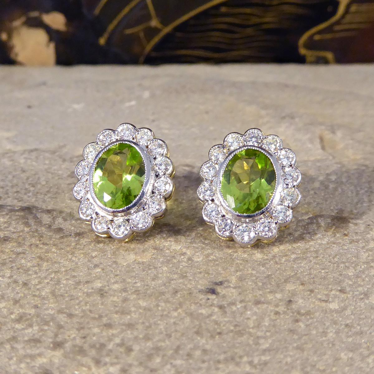 Oval Cut Contemporary 2.50 Carat Peridot and Diamond Cluster Earrings in 18 Carat Gold For Sale