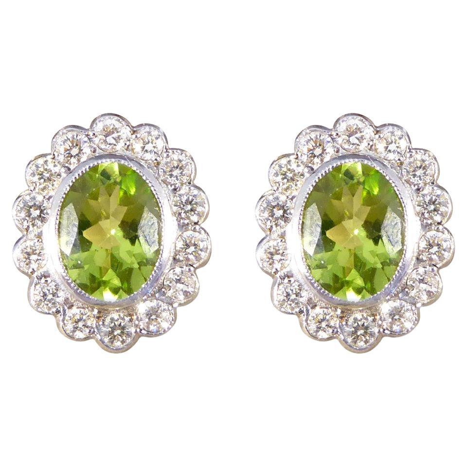 Contemporary 2.50 Carat Peridot and Diamond Cluster Earrings in 18 Carat Gold For Sale