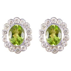 Contemporary 2.50 Carat Peridot and Diamond Cluster Earrings in 18 Carat Gold