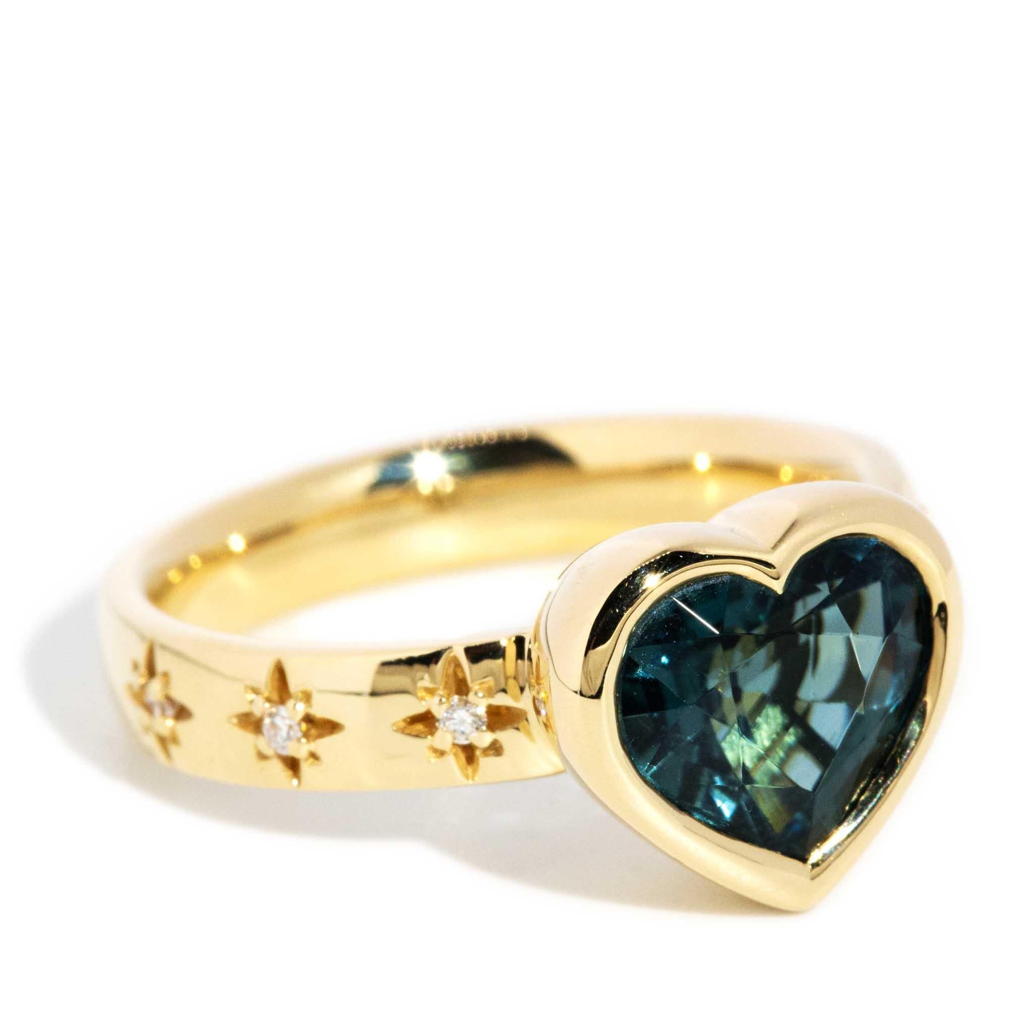 Heart Cut Contemporary 2.52 Carat Blue Green Tourmaline & Diamond Heart Ring 18 Carat Gold For Sale