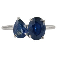 Contemporary 2.55ct Pear & Oval Blue Sapphire Toi et Moi Ring in 14K White Gold