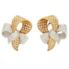 Contemporary 2.56 CTW Diamond 18 Karat Two-Tone Yellow Gold Bow Earrings