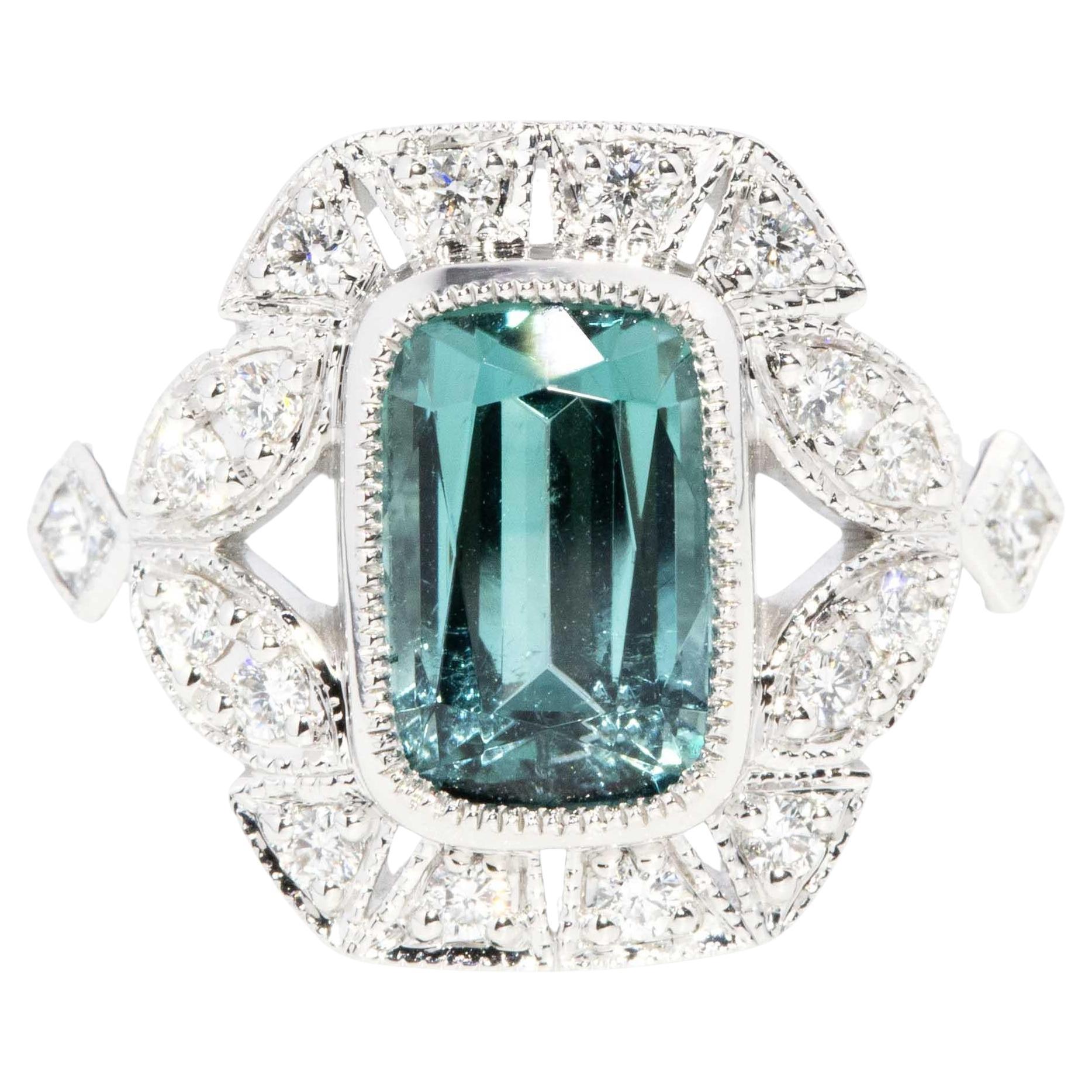 Contemporary 2,66ct Teal Turmalin & Diamant Ring 18ct Weißgold im Angebot