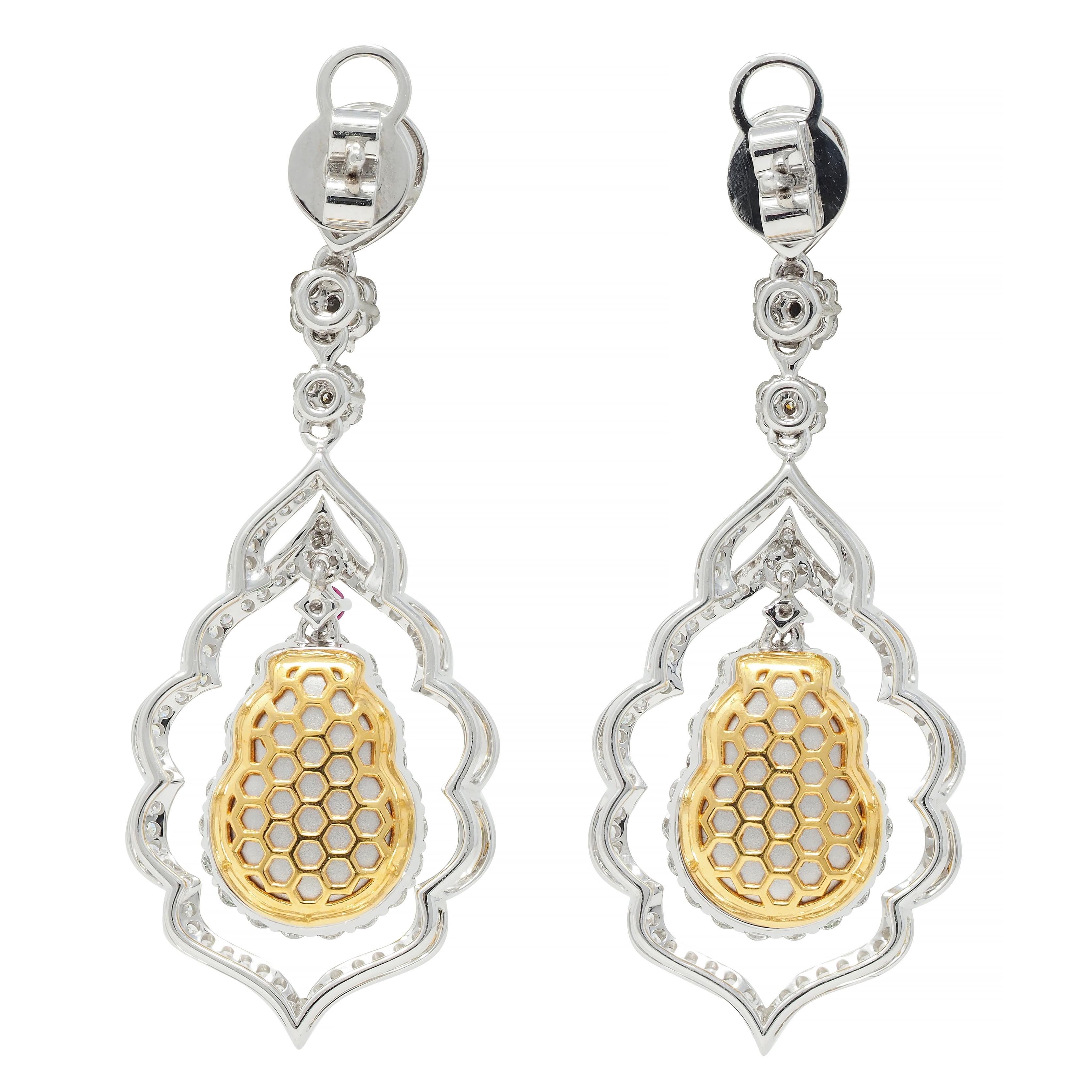 Women's or Men's Contemporary 2.69 CTW Diamond Ruby Jade 18 Karat Two-Tone Gold Drop Earrings For Sale