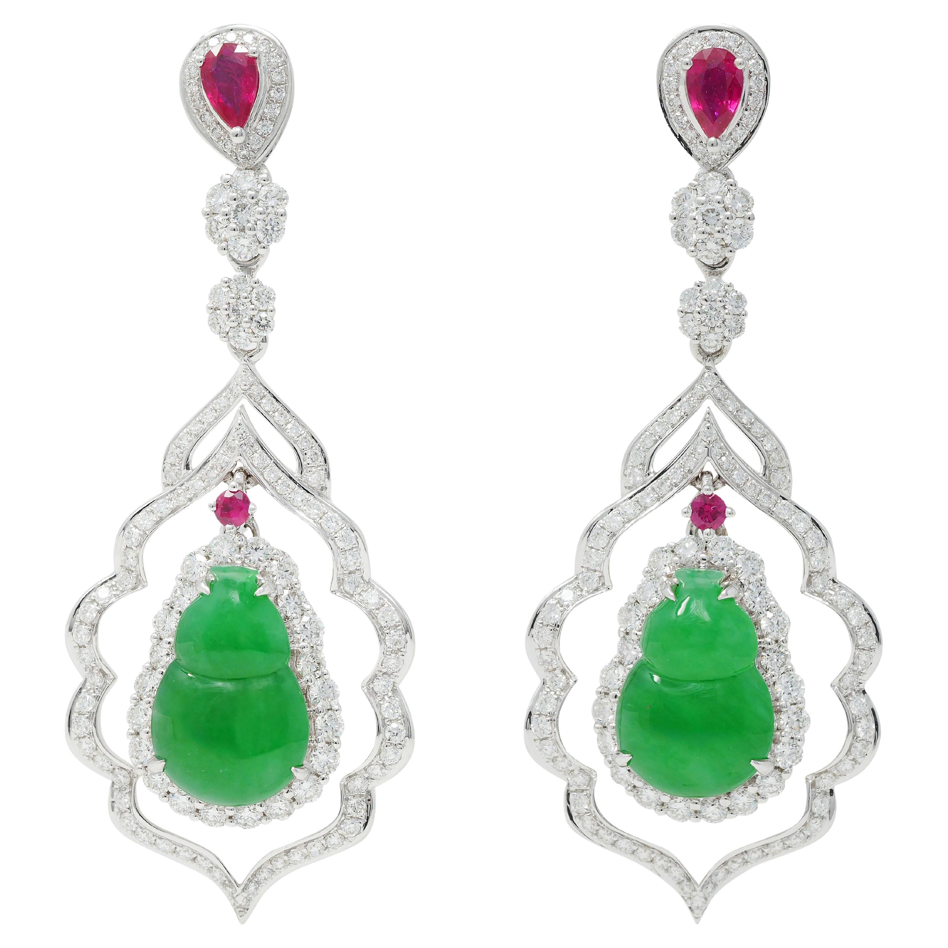 Contemporary 2.69 CTW Diamond Ruby Jade 18 Karat Two-Tone Gold Drop Earrings For Sale