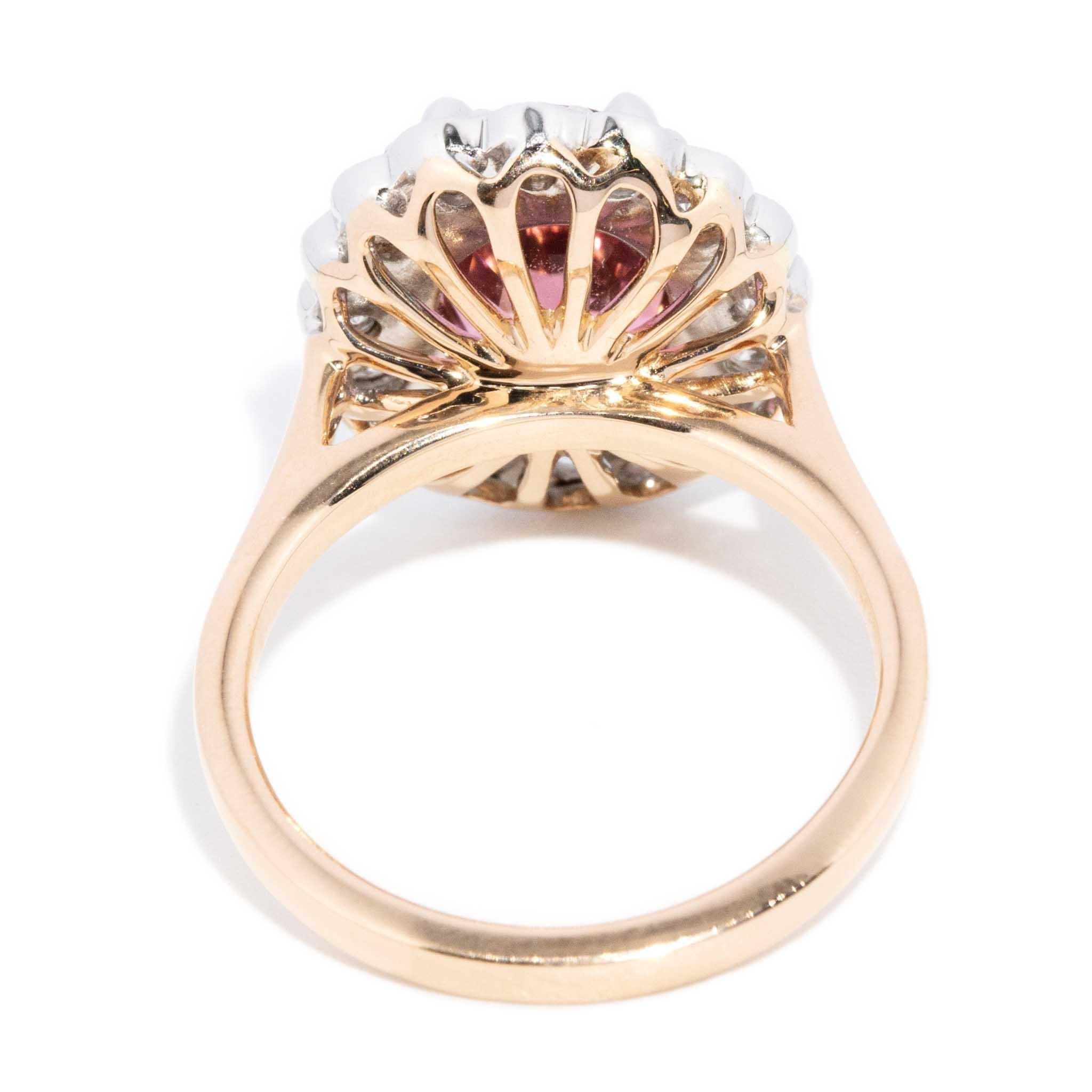 Contemporary 2.69ct Orangish Pink Tourmaline & Diamond Halo Ring 18ct Gold For Sale 6