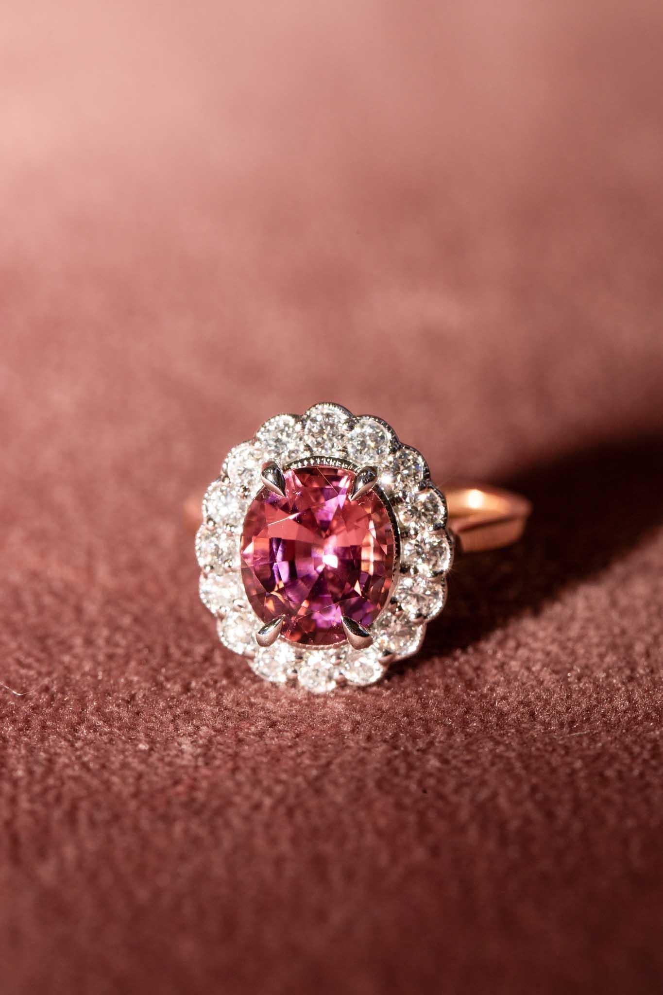 Oval Cut Contemporary 2.69ct Orangish Pink Tourmaline & Diamond Halo Ring 18ct Gold For Sale