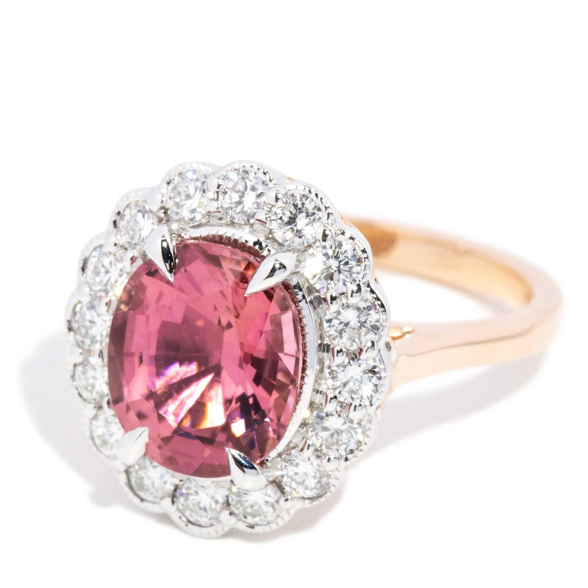 Contemporary 2.69ct Orangish Pink Tourmaline & Diamond Halo Ring 18ct Gold In New Condition For Sale In Hamilton, AU
