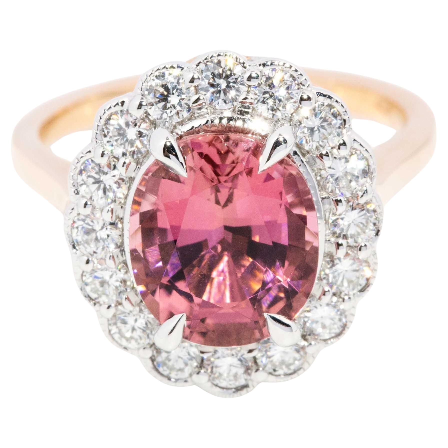 Contemporary 2.69ct Orangish Pink Tourmaline & Diamond Halo Ring 18ct Gold