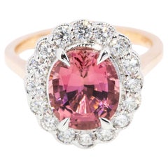 Contemporary 2.69ct Orangish Pink Tourmaline & Diamond Halo Ring 18ct Gold