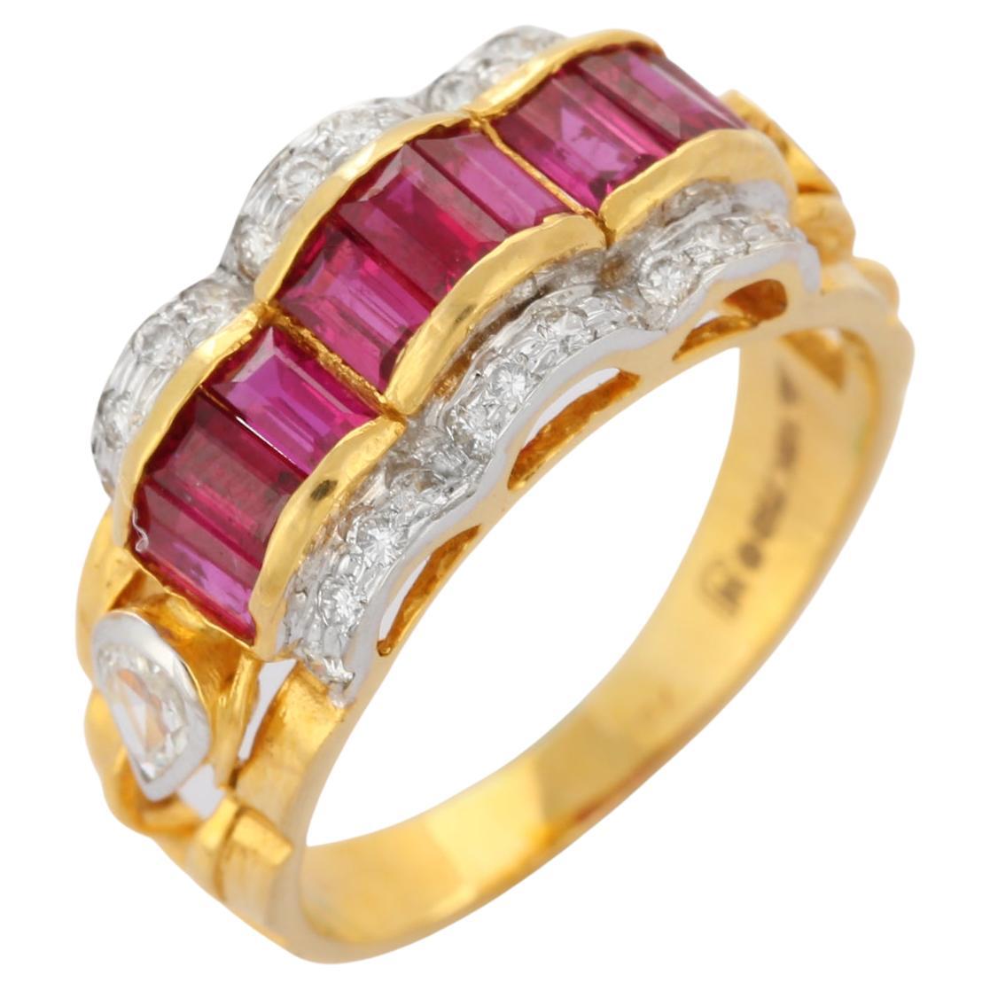 Bague de mariage contemporaine en or jaune 18K avec rubis et diamants de 2,7 ct